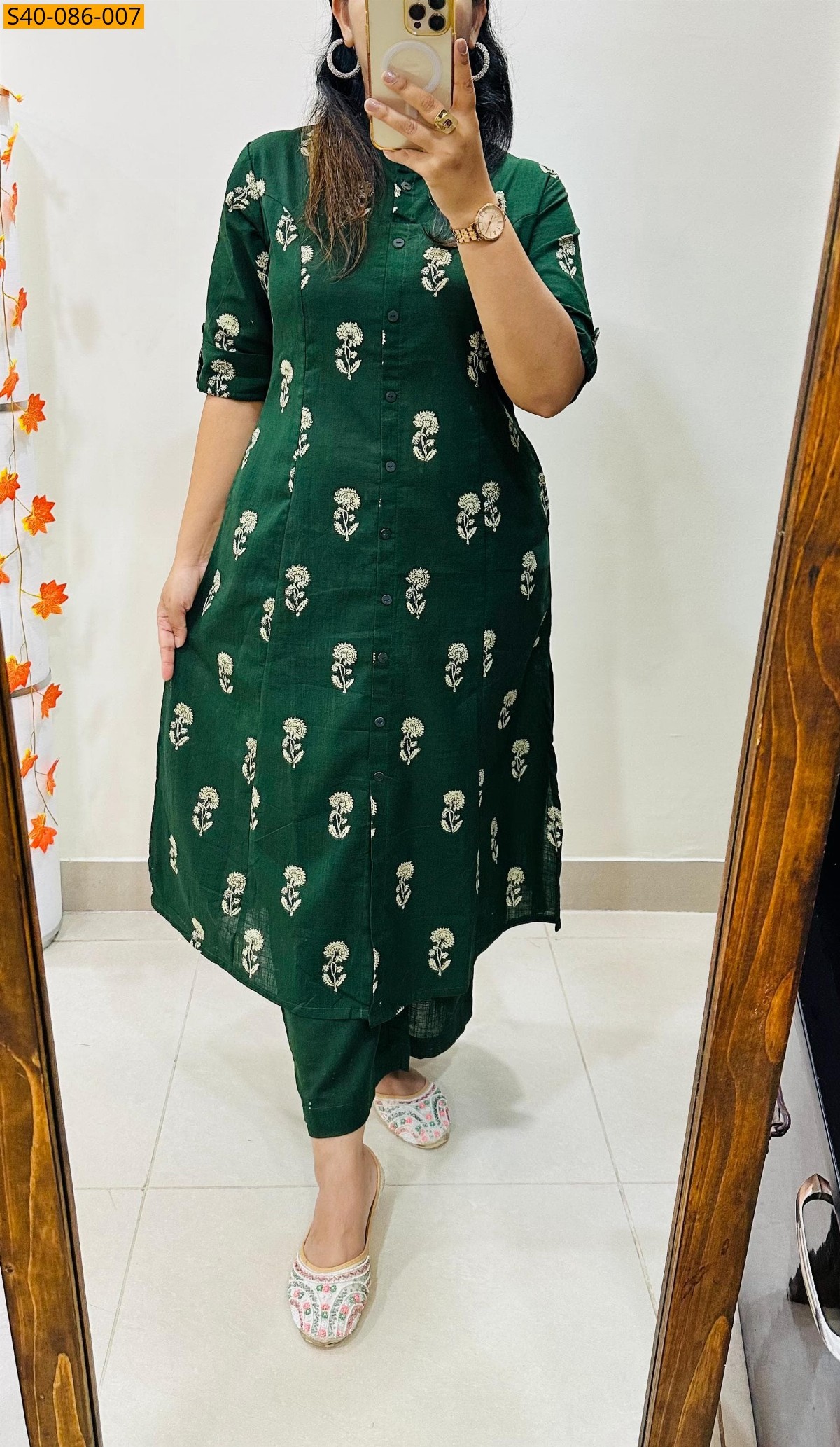 Green Premium printed Fine Cotton Kurti and pant 