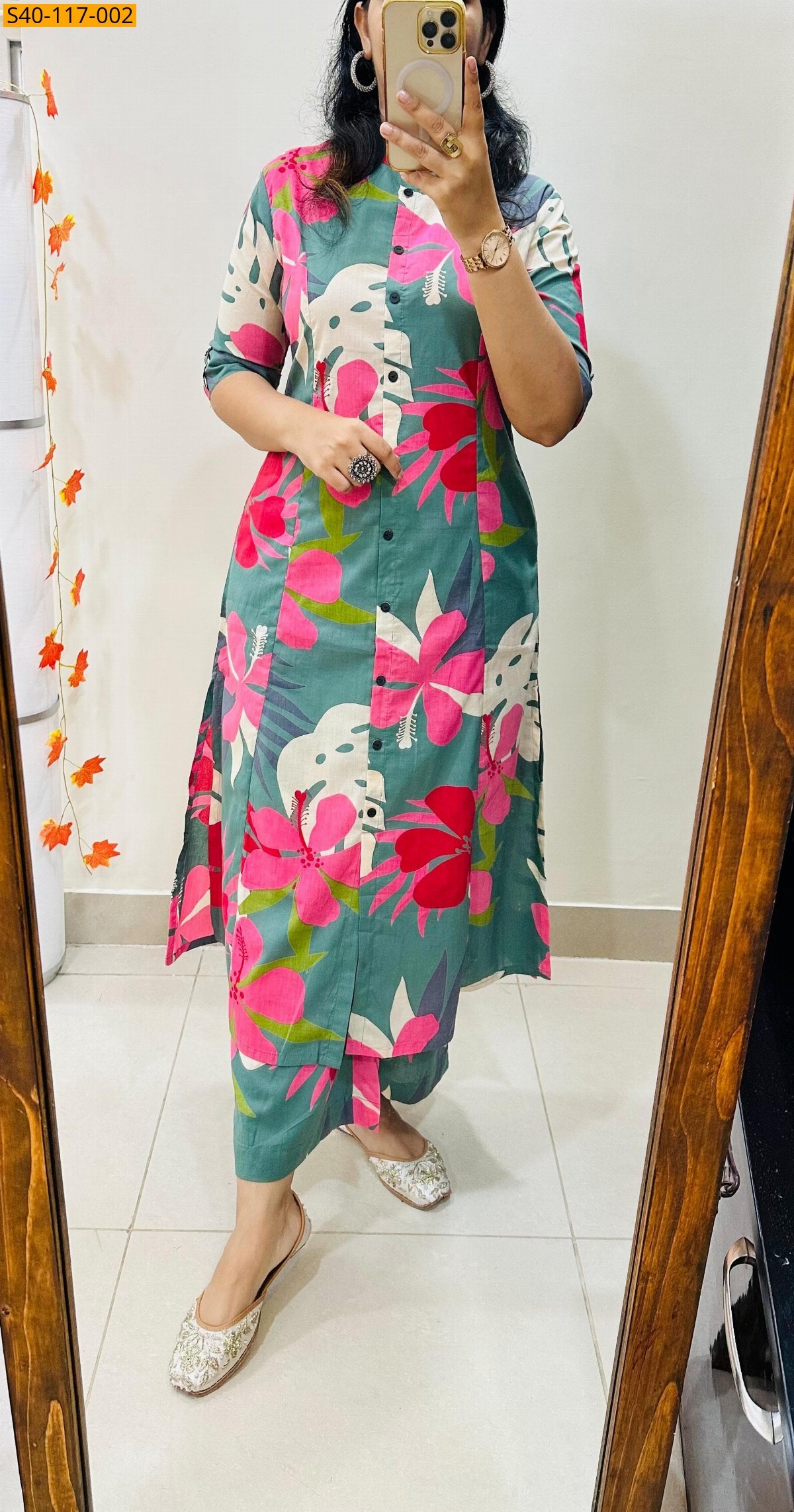 Green Fancy Aline cotton Kurti set