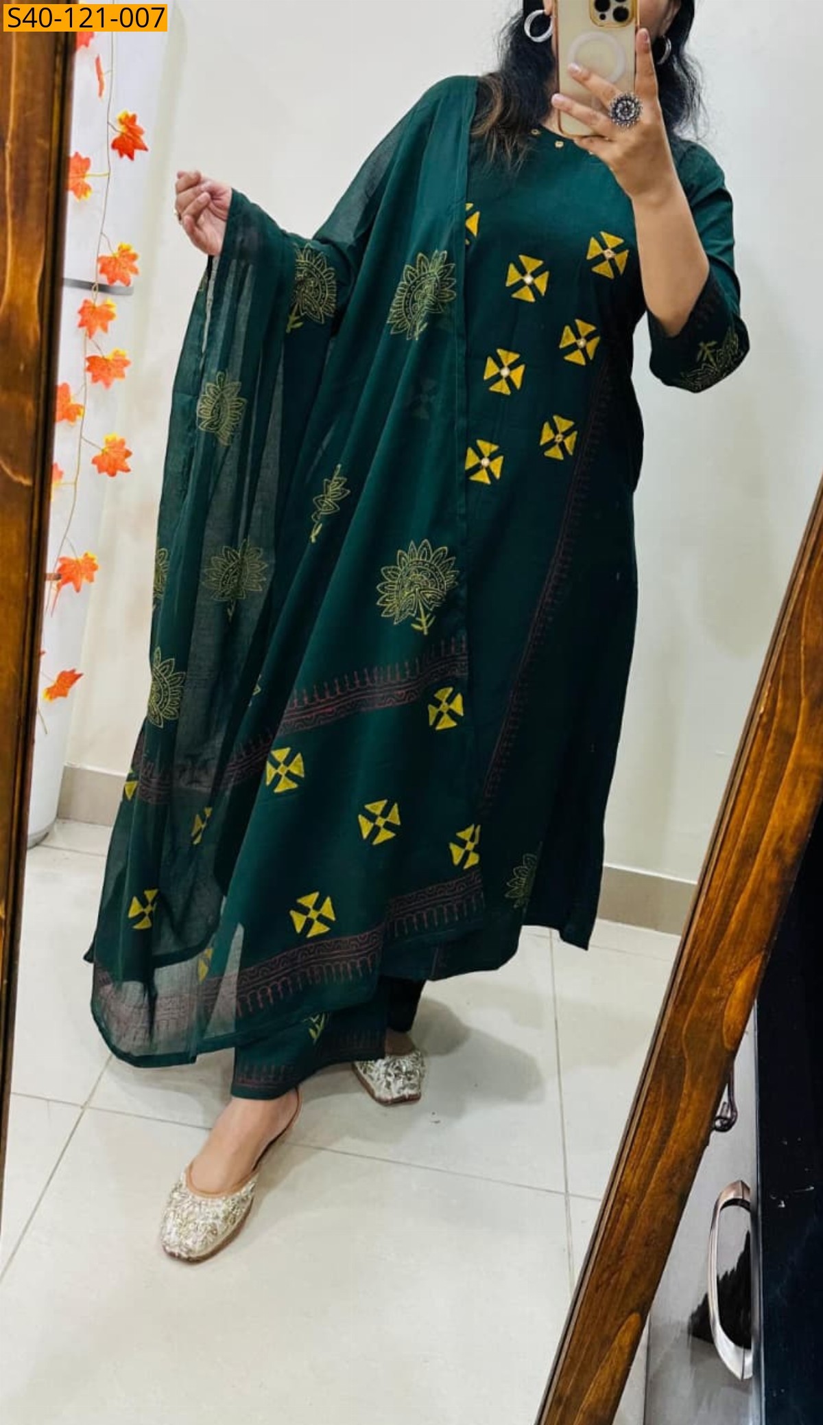 Green Fancy Dhabu Cotton kurti pant dupatta Set