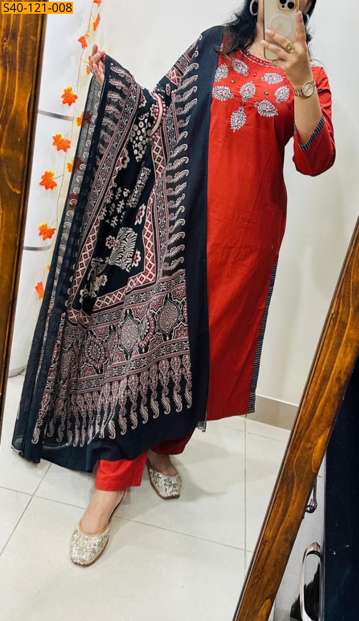 Orange Fancy Dhabu Cotton kurti pant dupatta Set