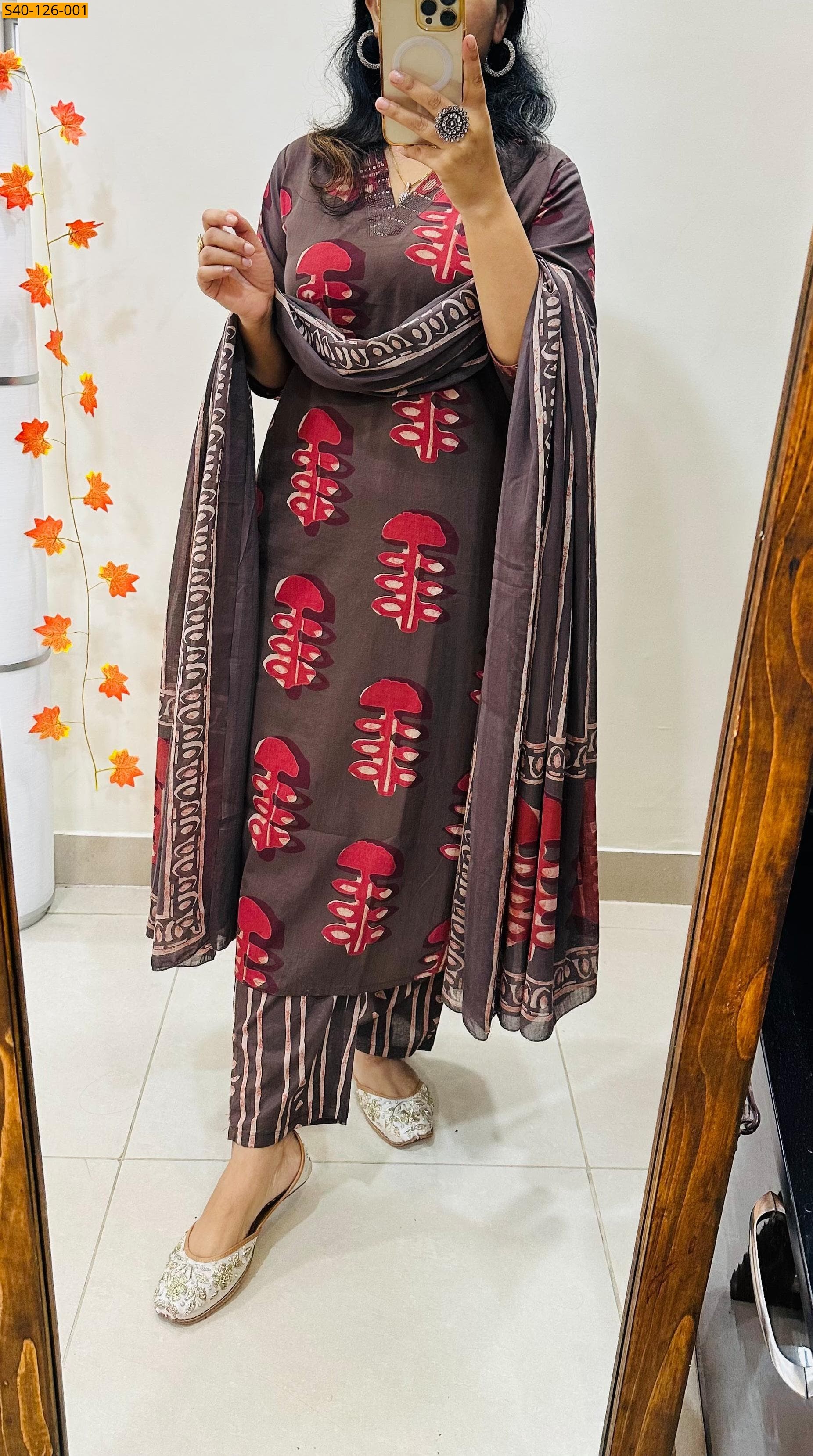 Brown Fancy V neck kurti cotton suit