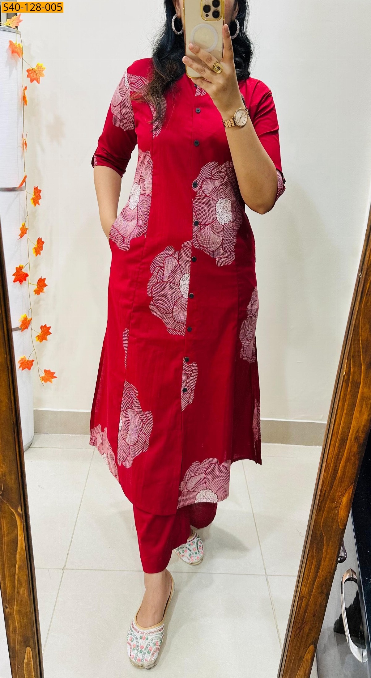 Red Fancy Aline cotton Kurti set