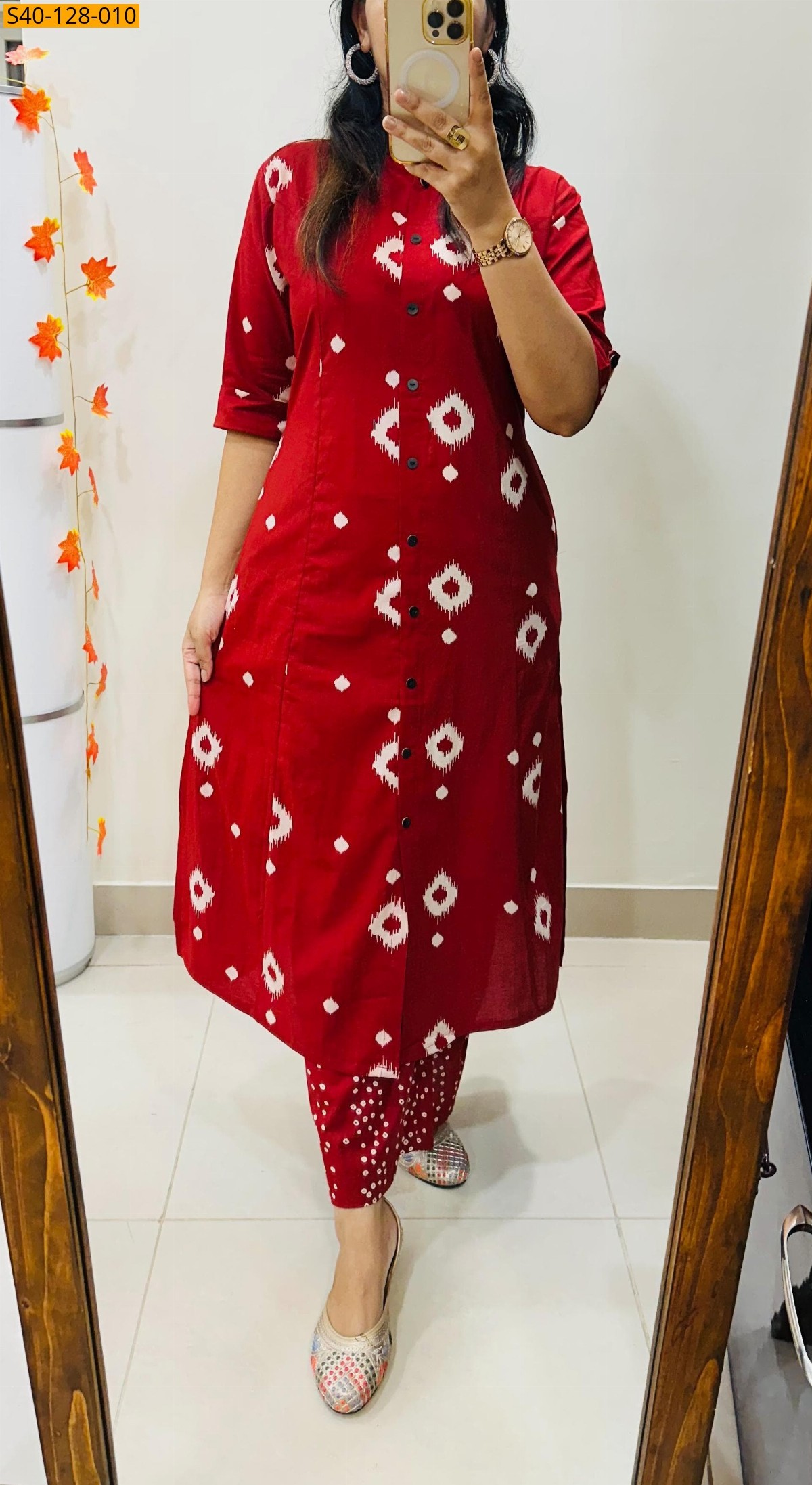 Red Fancy Aline cotton Kurti set