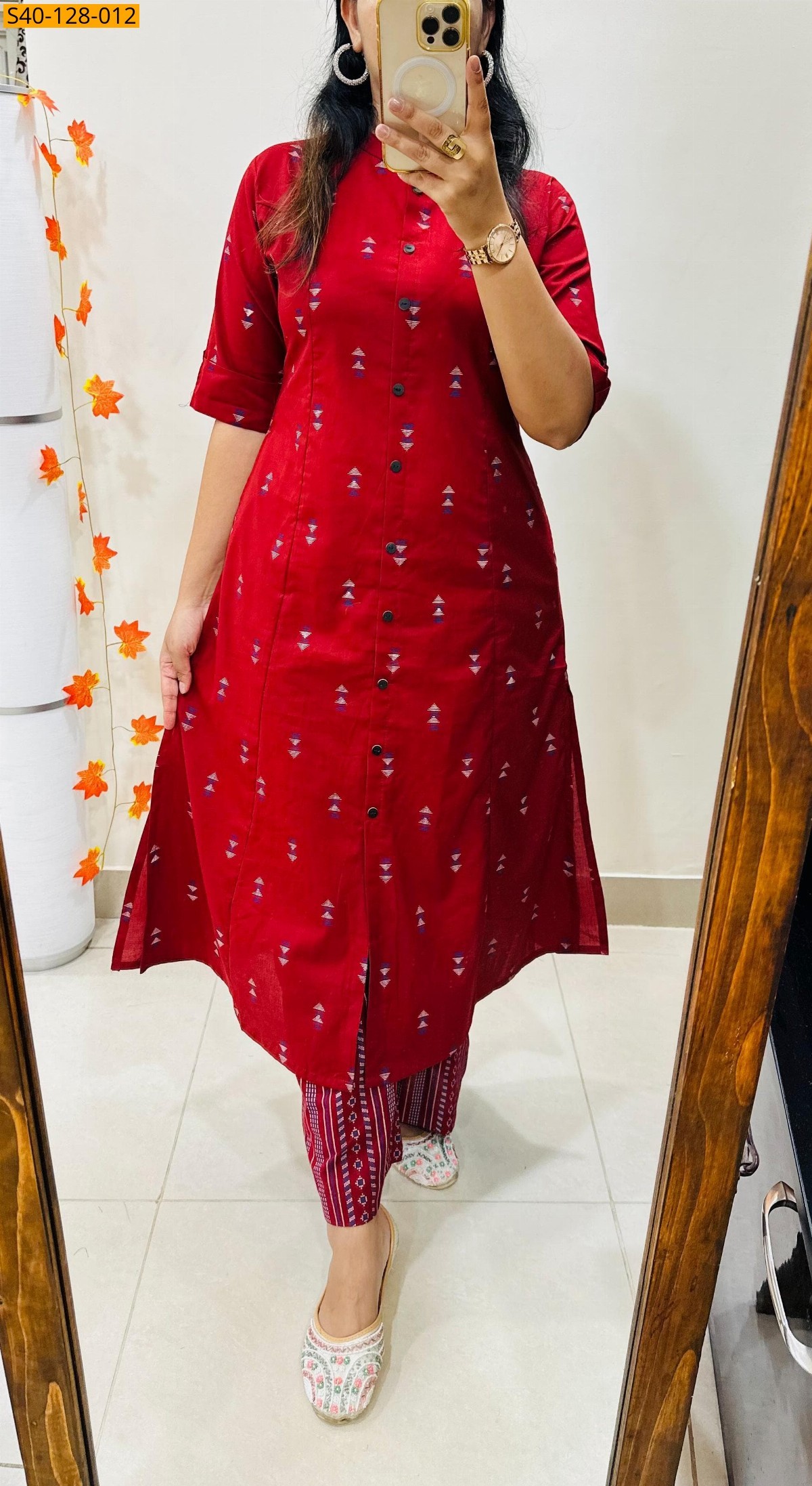 Red Fancy Aline cotton Kurti set