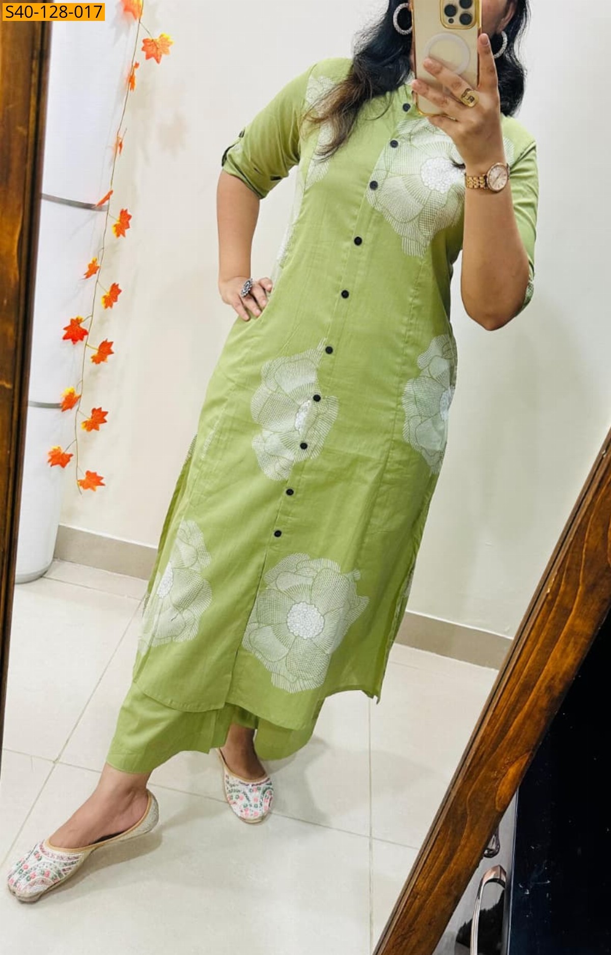 Green Fancy Aline cotton Kurti set