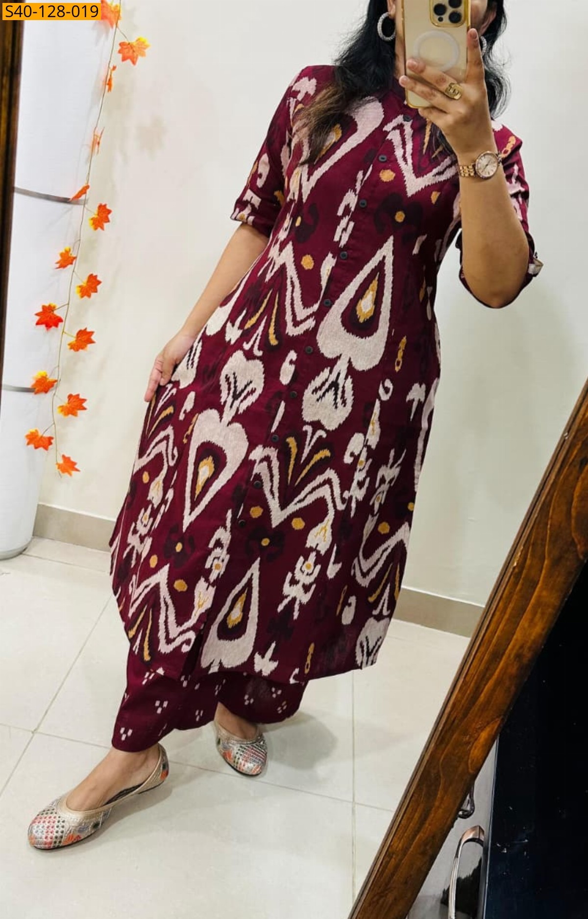 Wine Fancy Aline cotton Kurti set