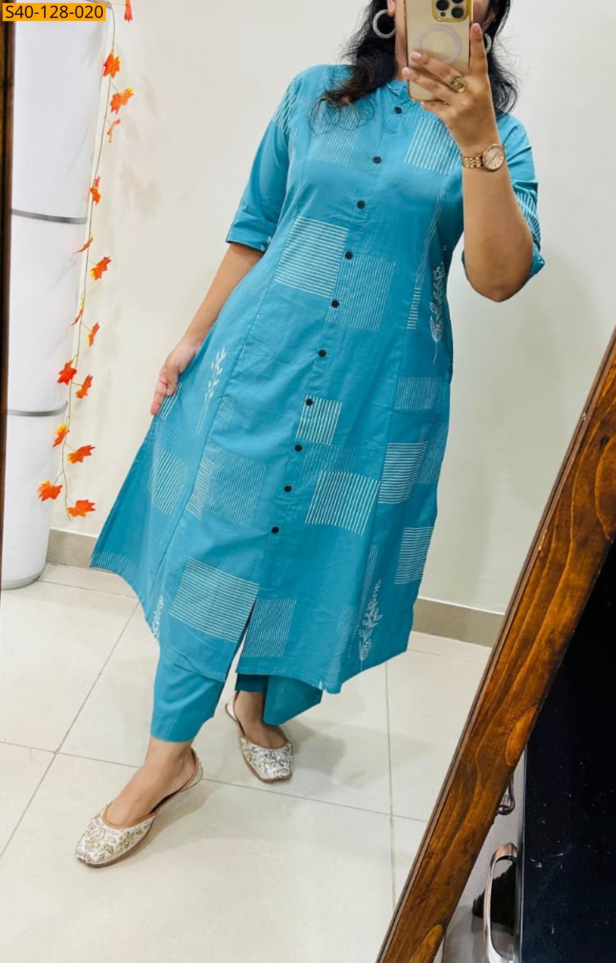 Blue Fancy Aline cotton Kurti set