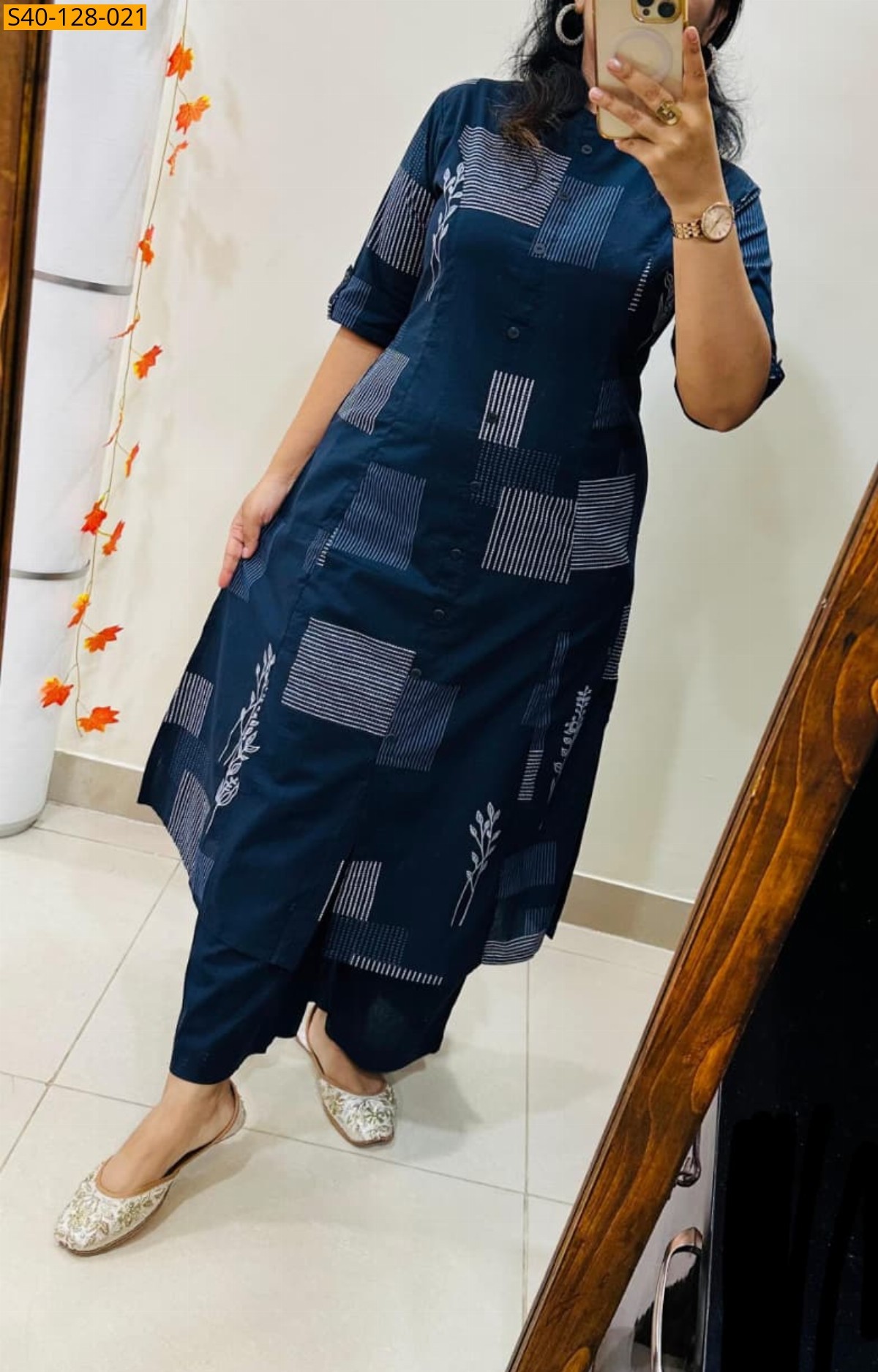 Navy Blue Fancy Aline cotton Kurti set