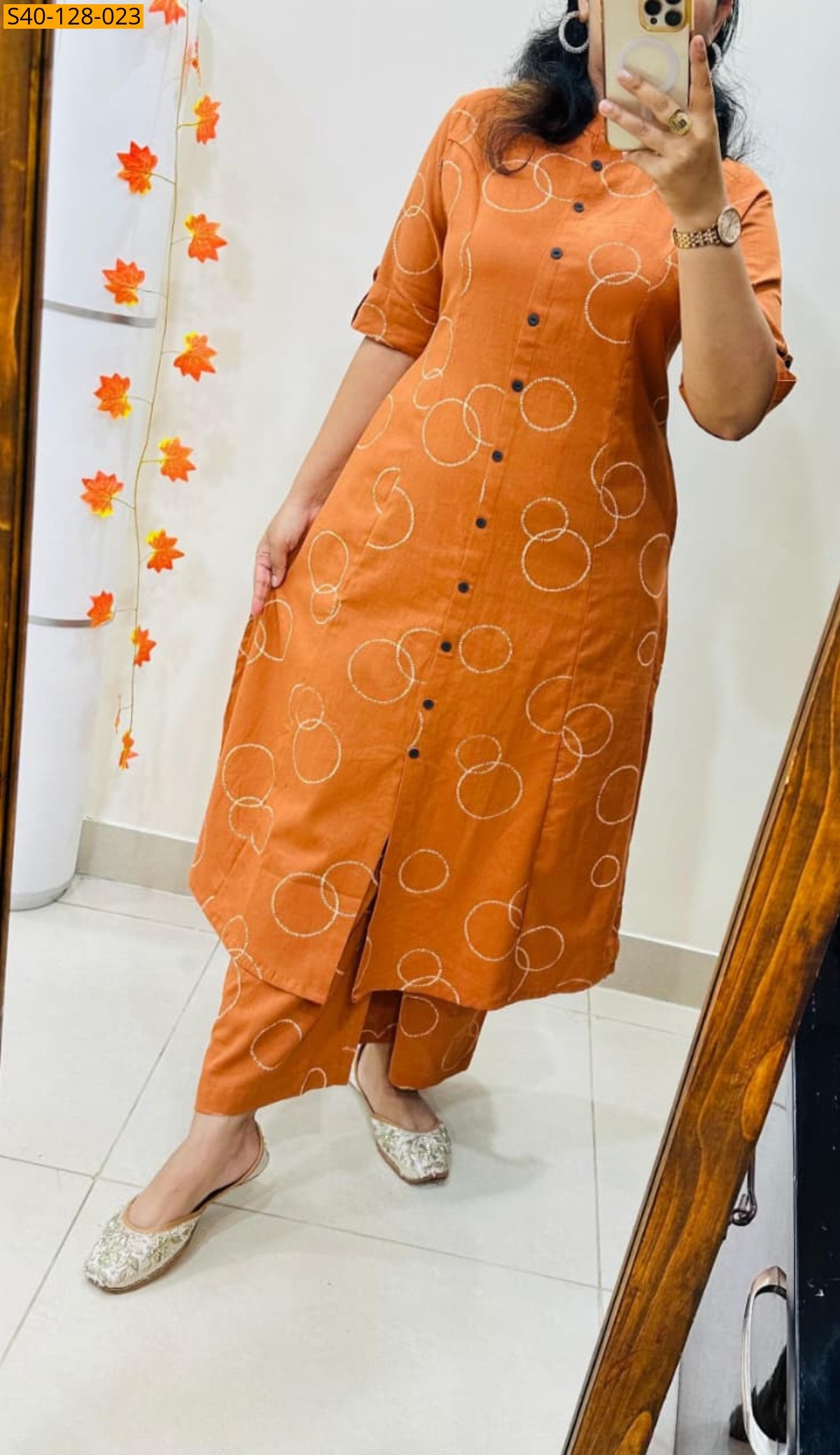 Orange Fancy Aline cotton Kurti set