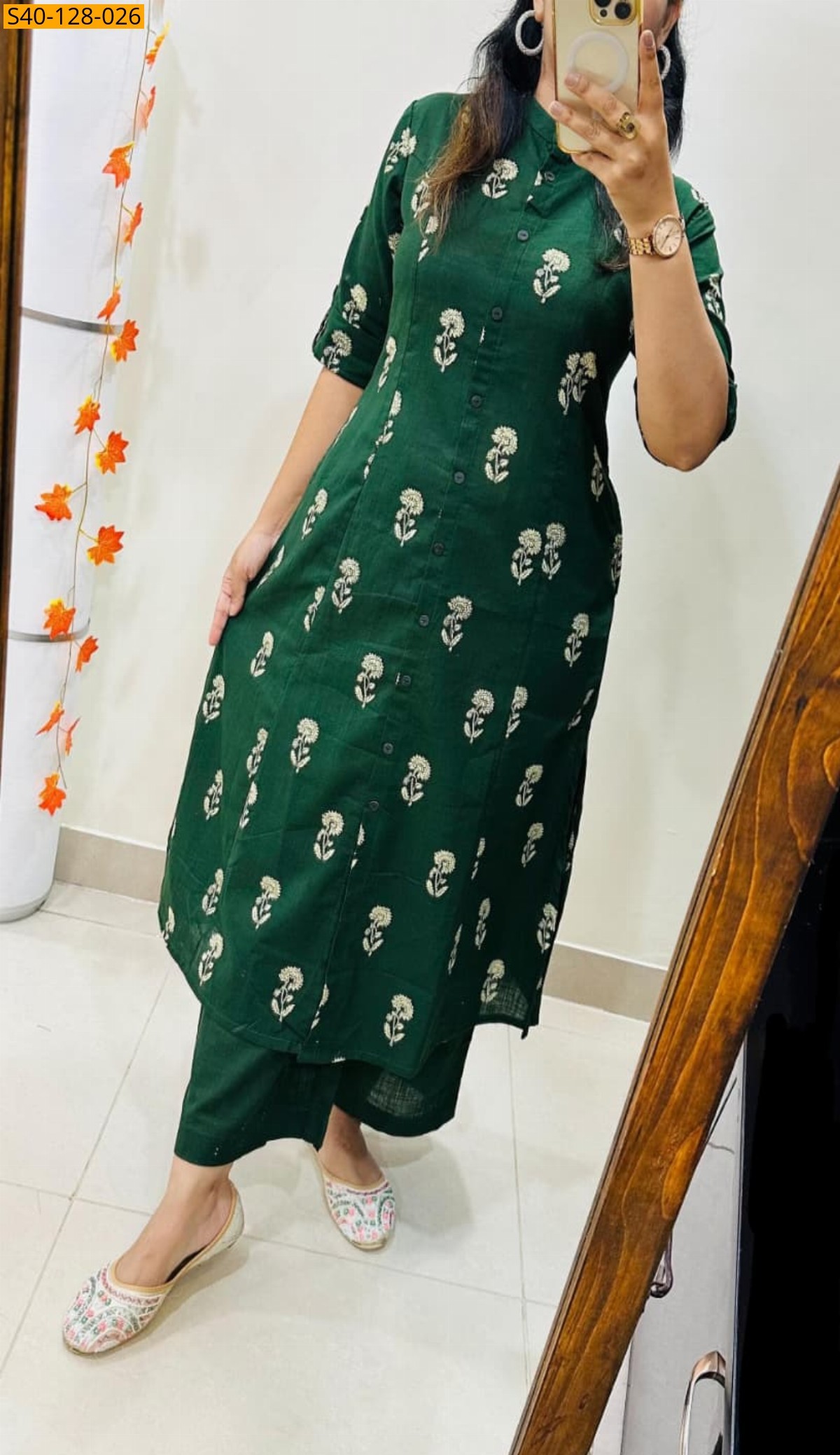 Green Fancy Aline cotton Kurti set