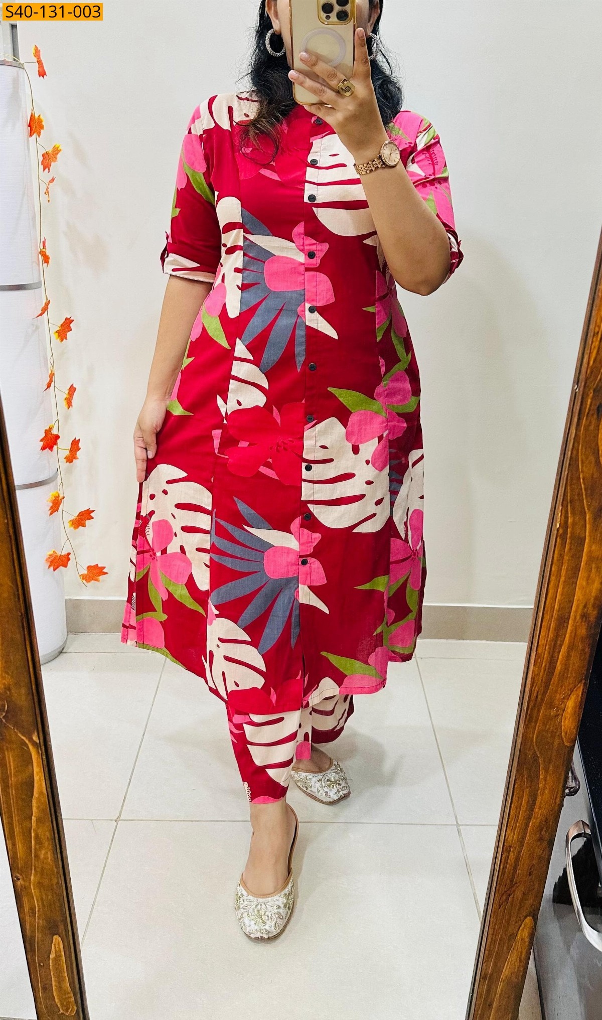 Red Premium printed Fine Cotton Kurti and pant
