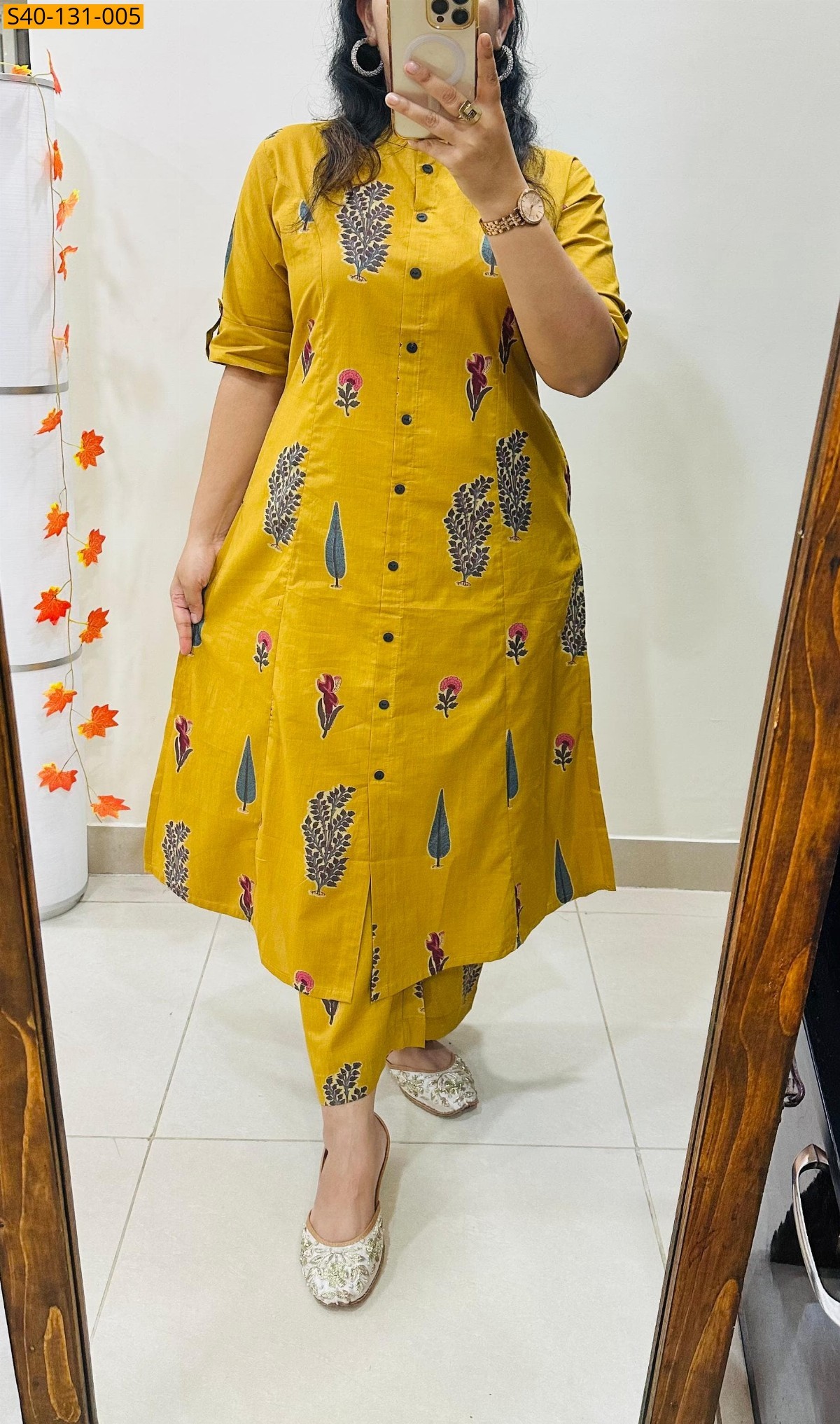 Mustard Premium printed Fine Cotton Kurti and pant