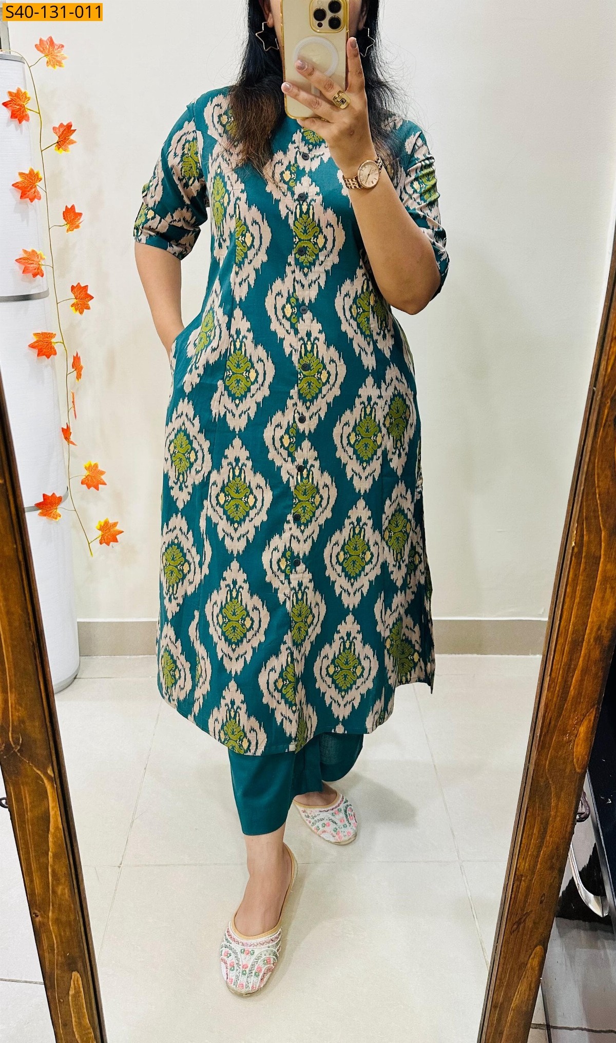 Green Premium printed Fine Cotton Kurti and pant