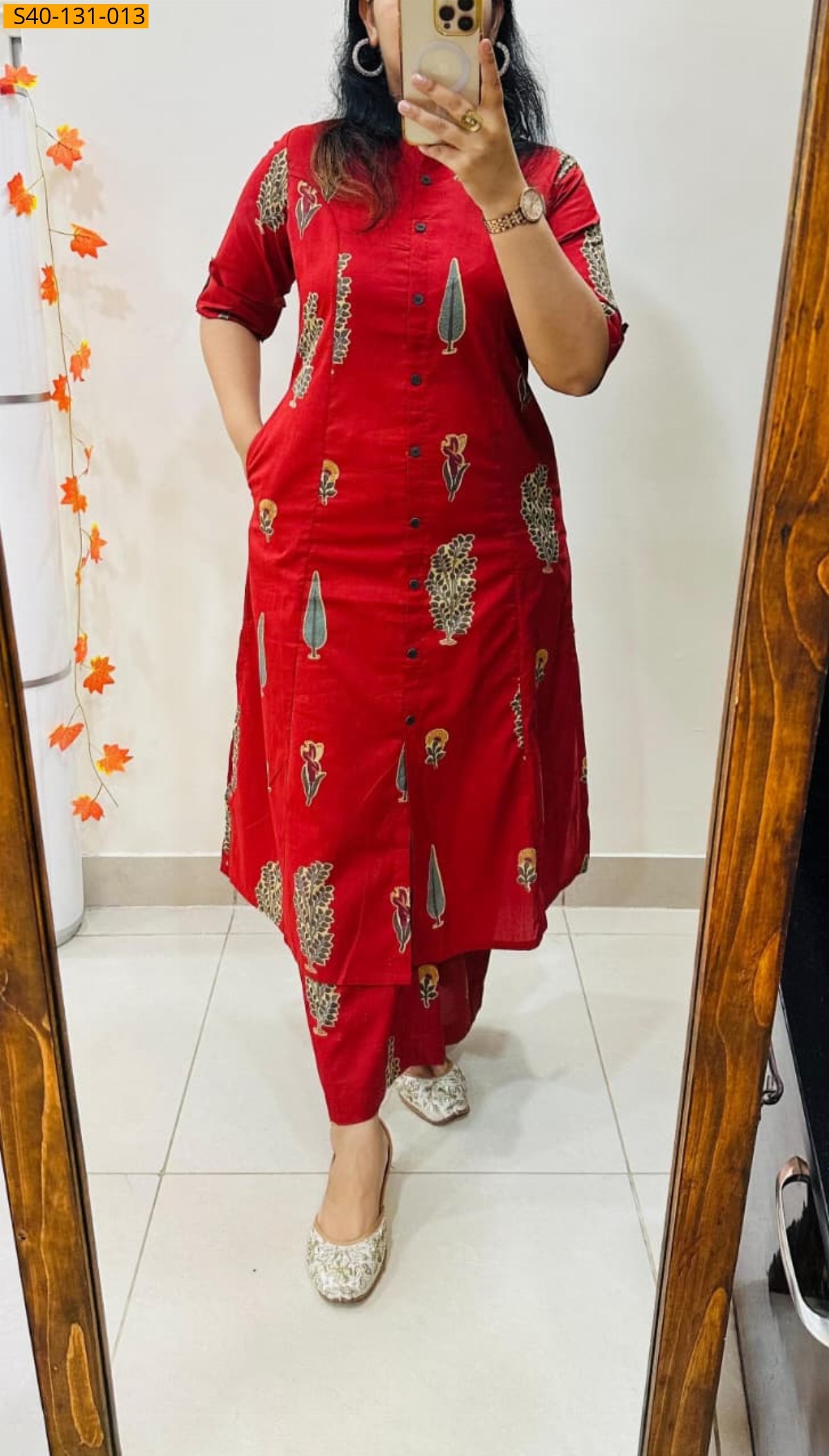 Red Fancy Aline cotton Kurti set