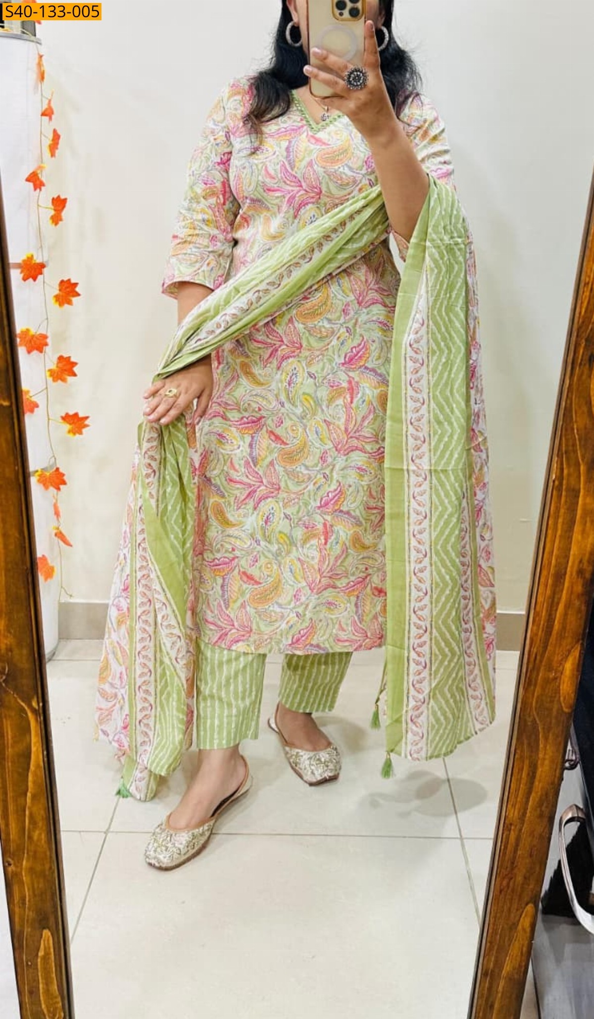 Green Fancy Cotton kurti pant dupatta Set