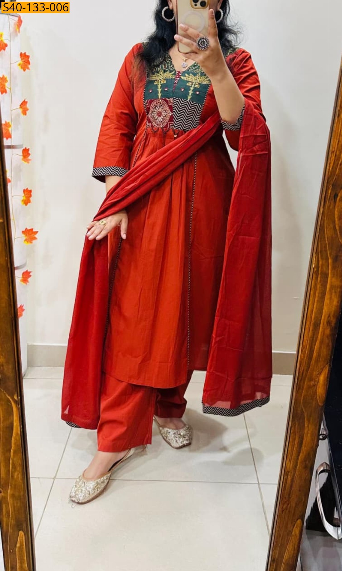 Red Fancy kurti palazzo dupatta set