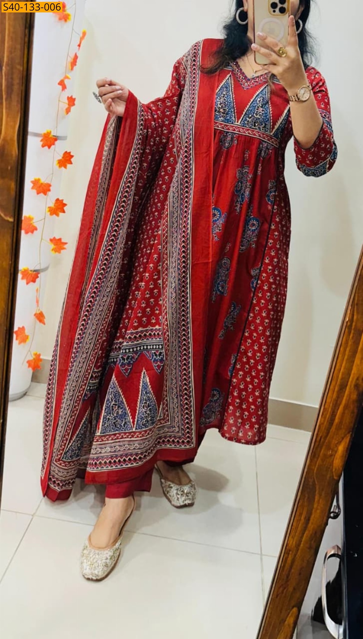 Red Fancy Cotton kurti pant dupatta Set