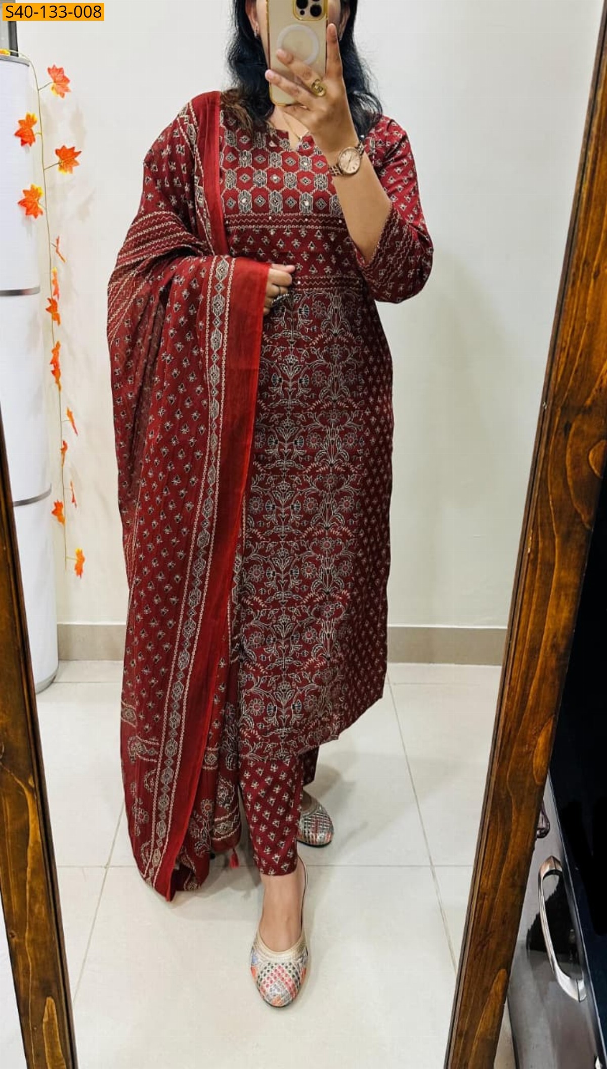 Maroon Fancy Cotton kurti pant dupatta Set