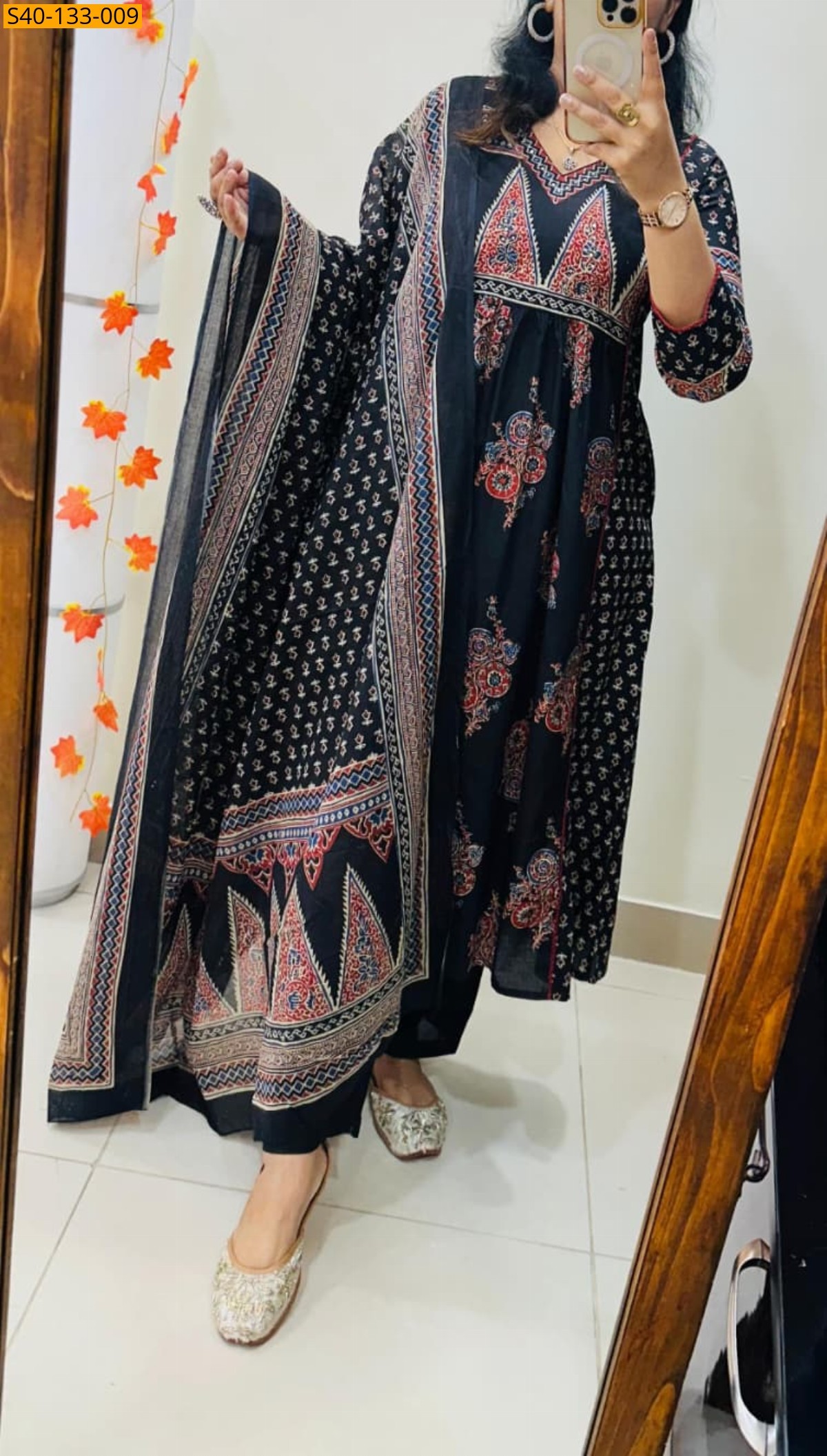 Black Fancy Cotton kurti pant dupatta Set