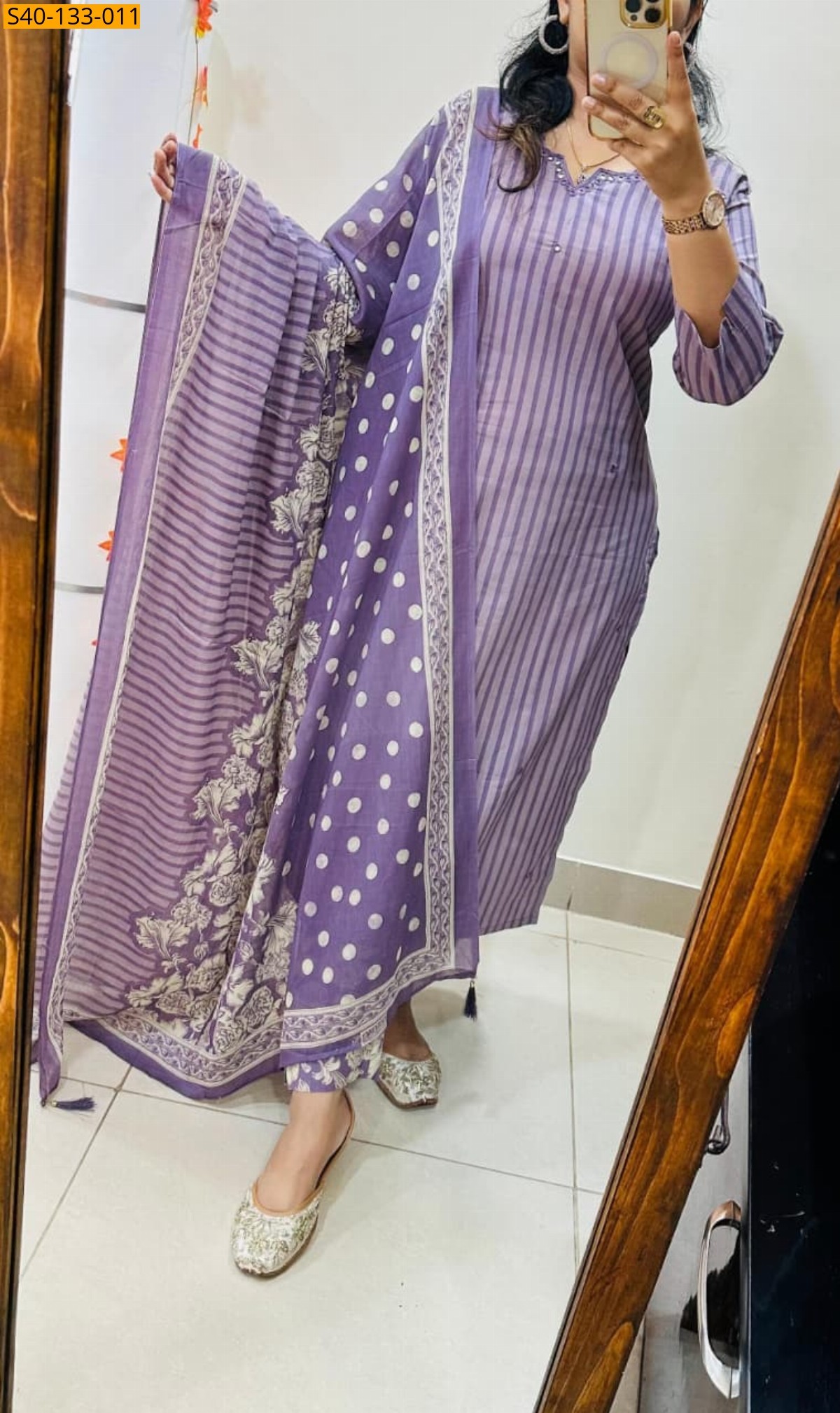 Lavender Fancy Azrakh cotton kurta 3 piece suit set