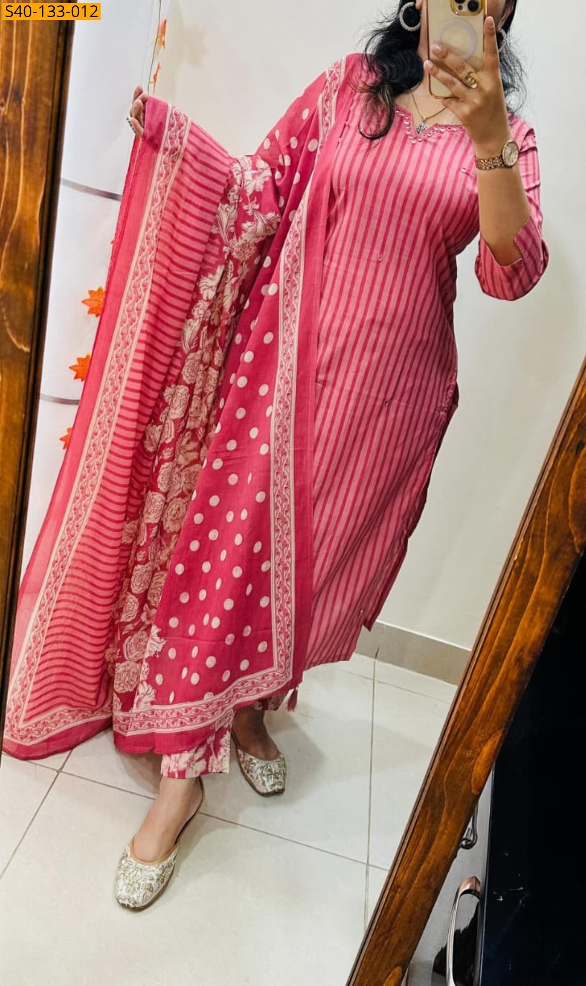 Pink Fancy Azrakh cotton kurta 3 piece suit set