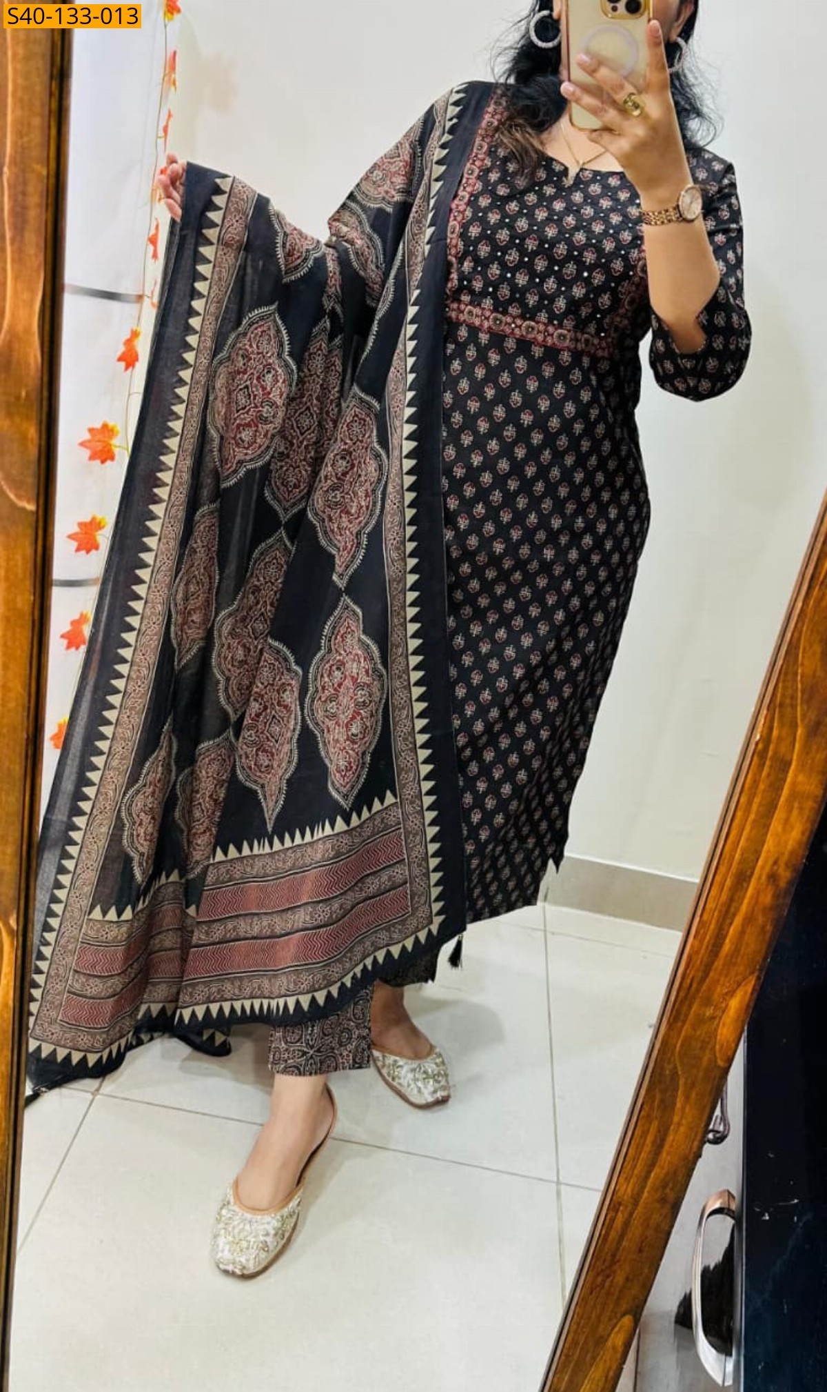 Black Fancy Azrakh cotton kurta 3 piece suit set