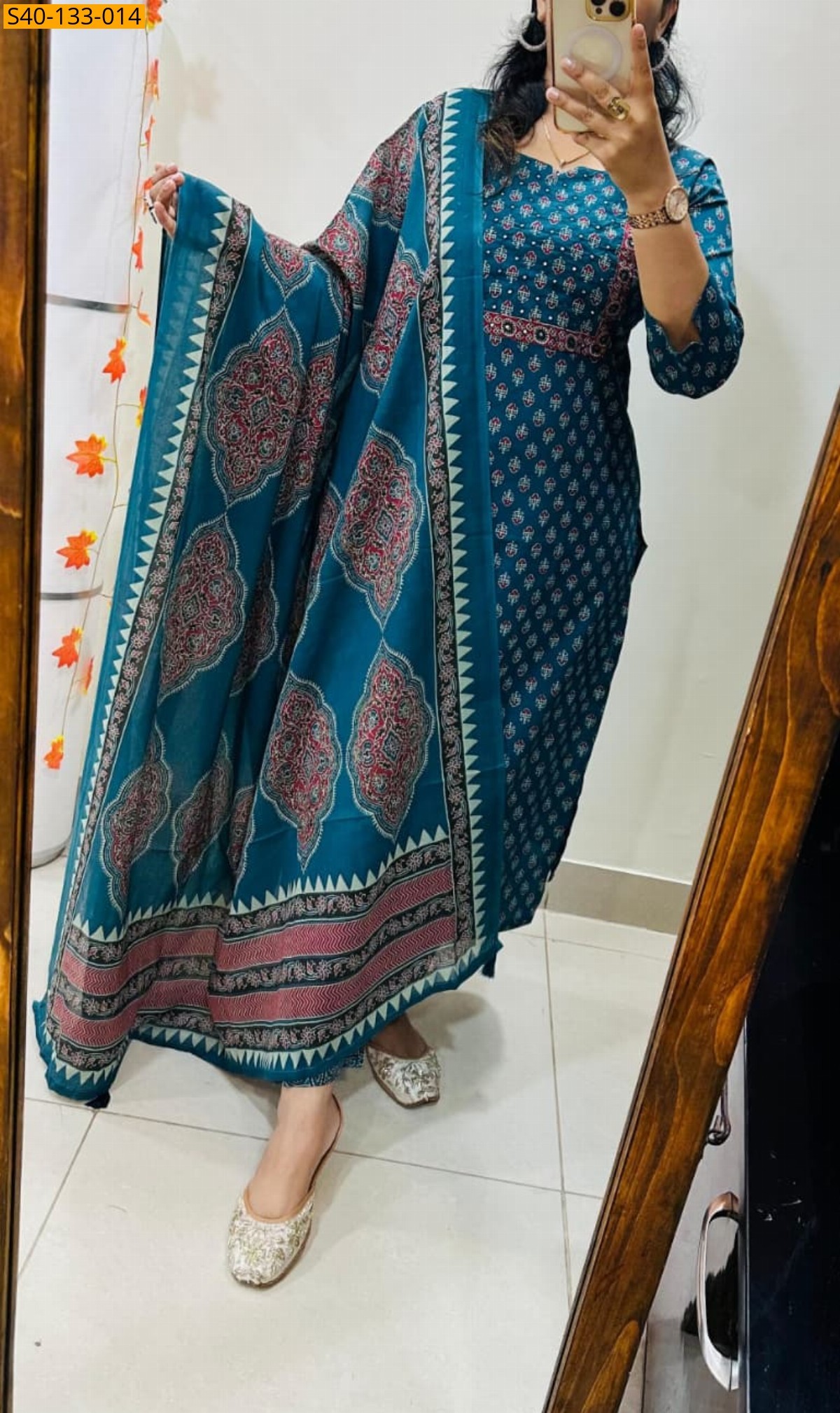 Blue Fancy Azrakh cotton kurta 3 piece suit set