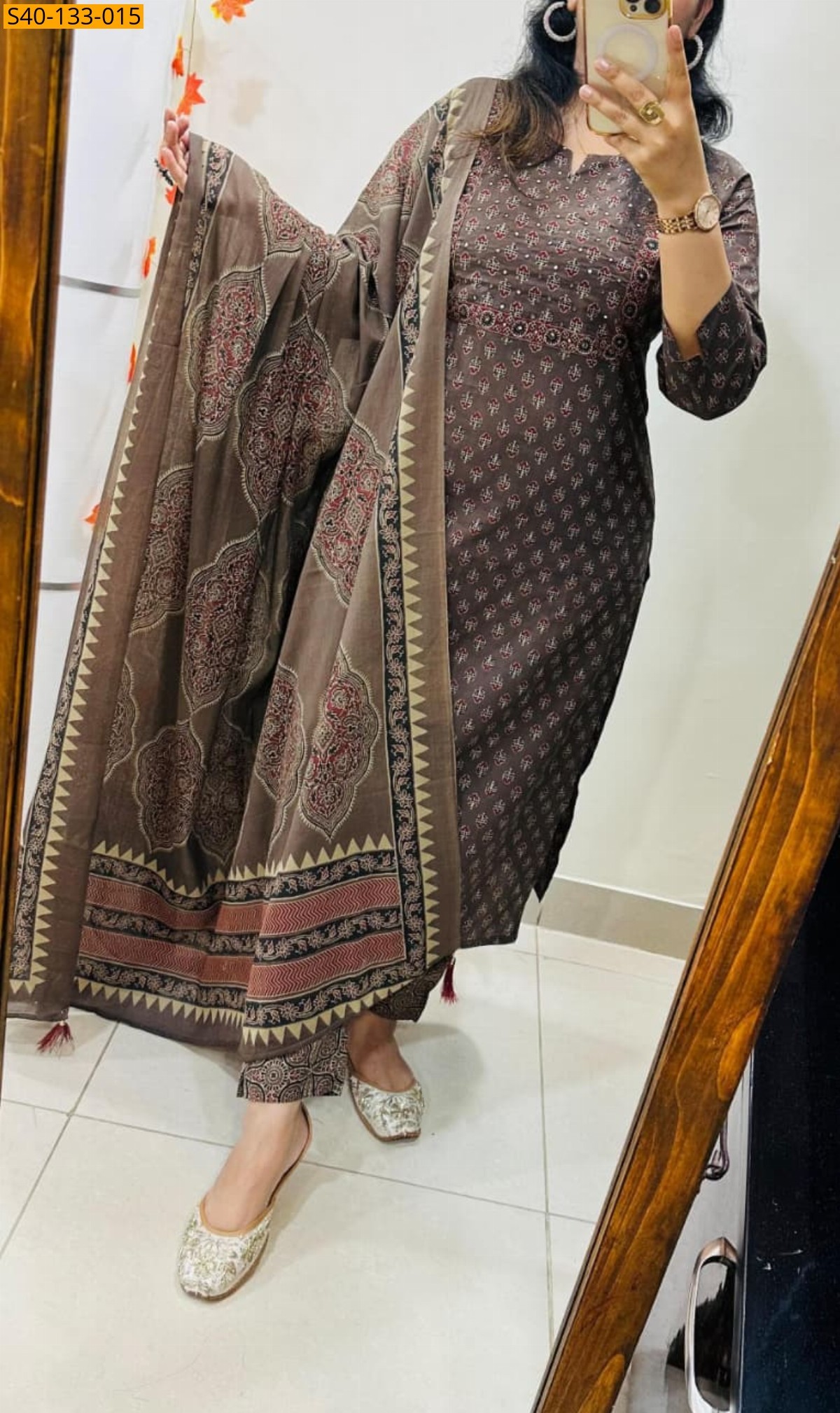Brown Fancy Azrakh cotton kurta 3 piece suit set