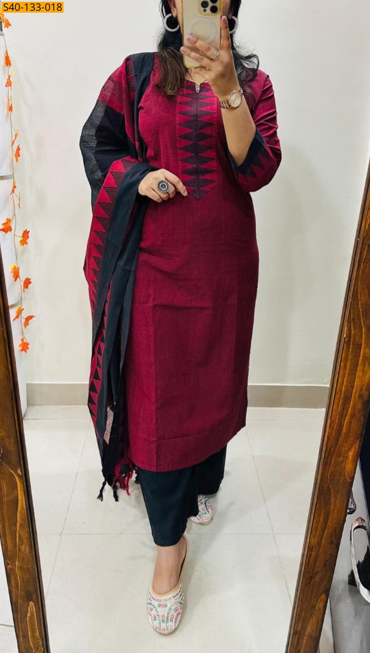 Maroon Fancy Azrakh cotton kurta 3 piece suit set
