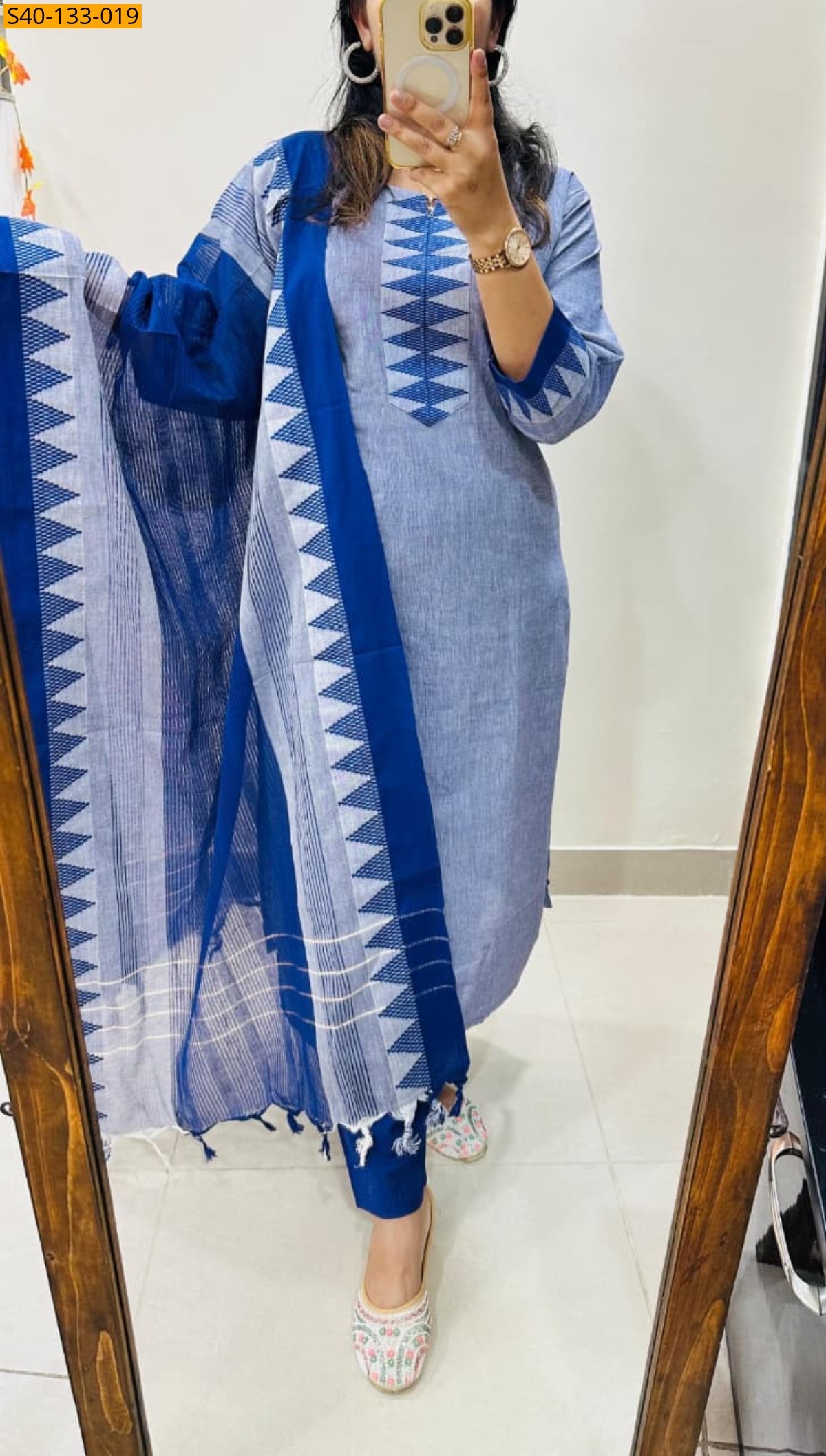 Fancy Azrakh cotton kurta 3 piece suit set