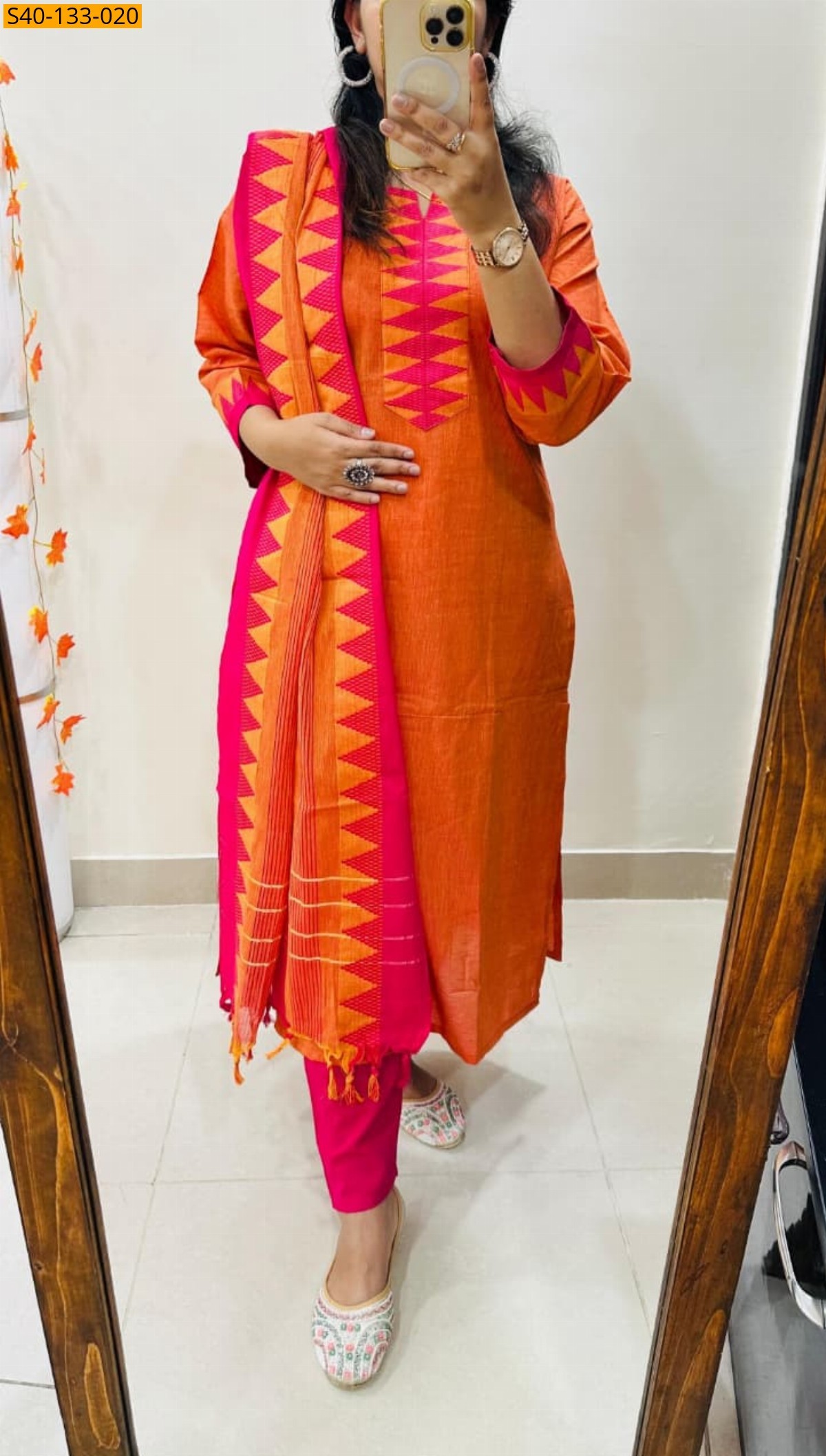 Orange Fancy Azrakh cotton kurta 3 piece suit set