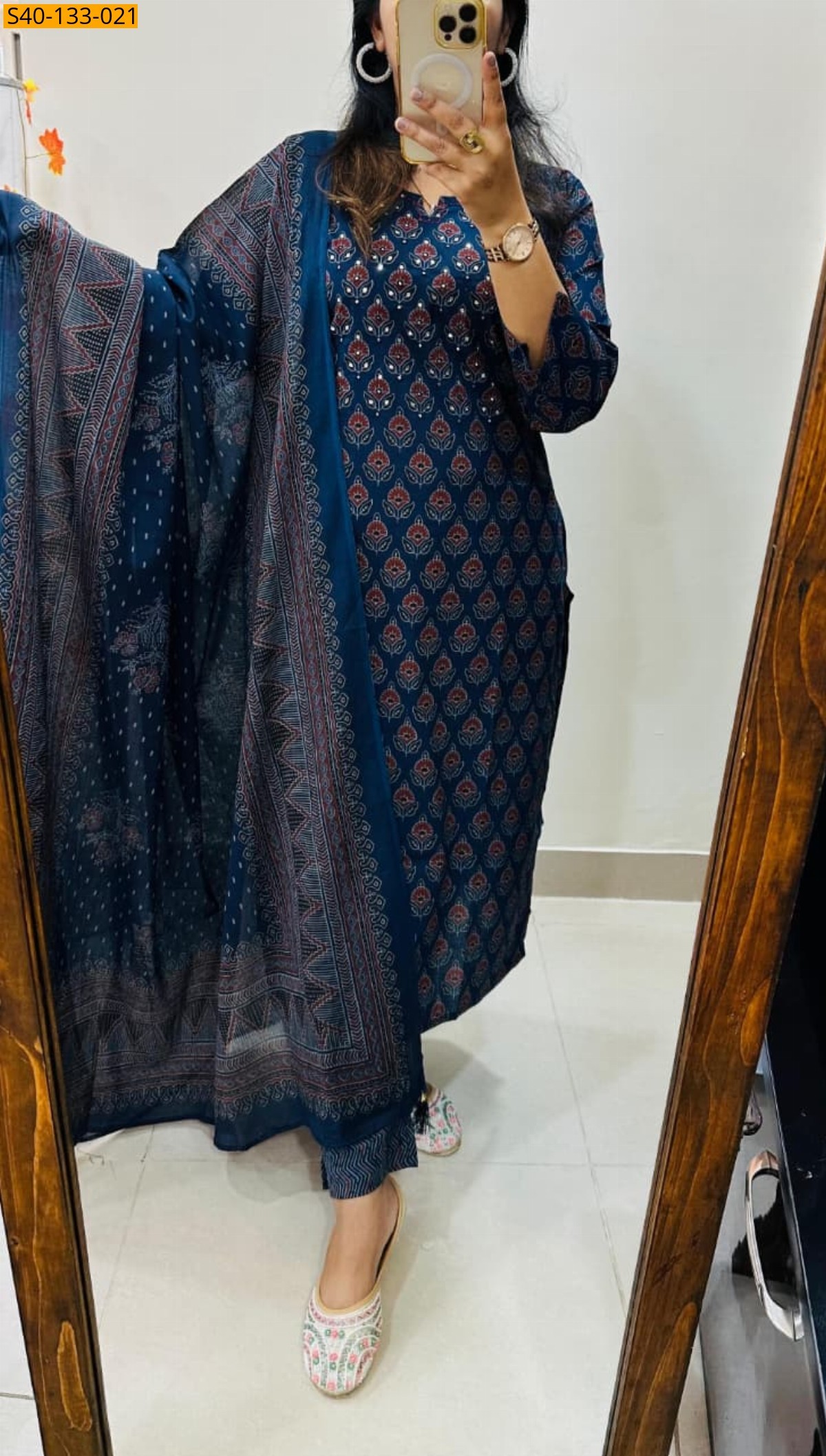 Navy Fancy Azrakh cotton kurta 3 piece suit set