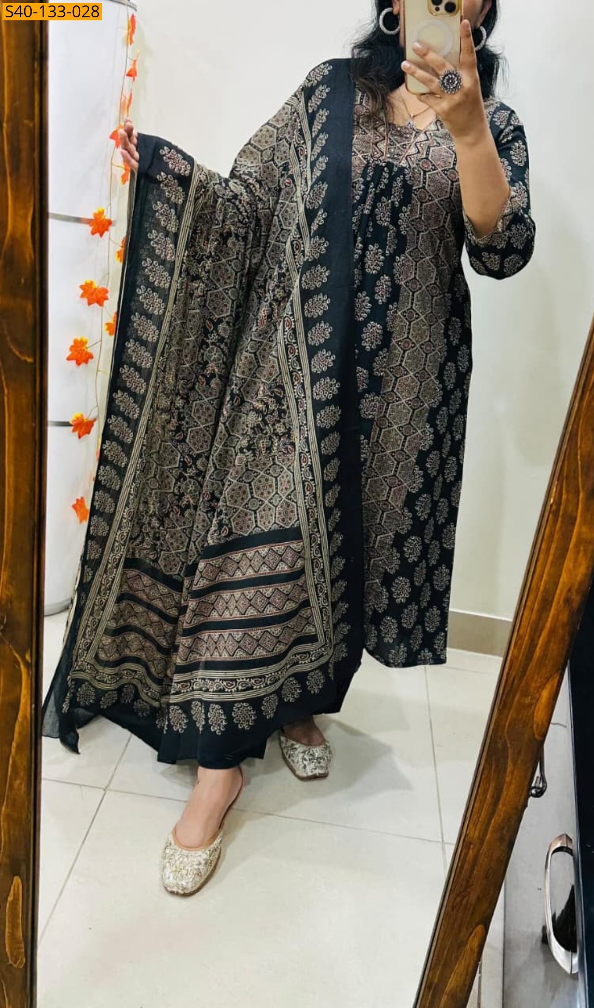 Black Fancy Azrakh cotton kurta 3 piece suit set