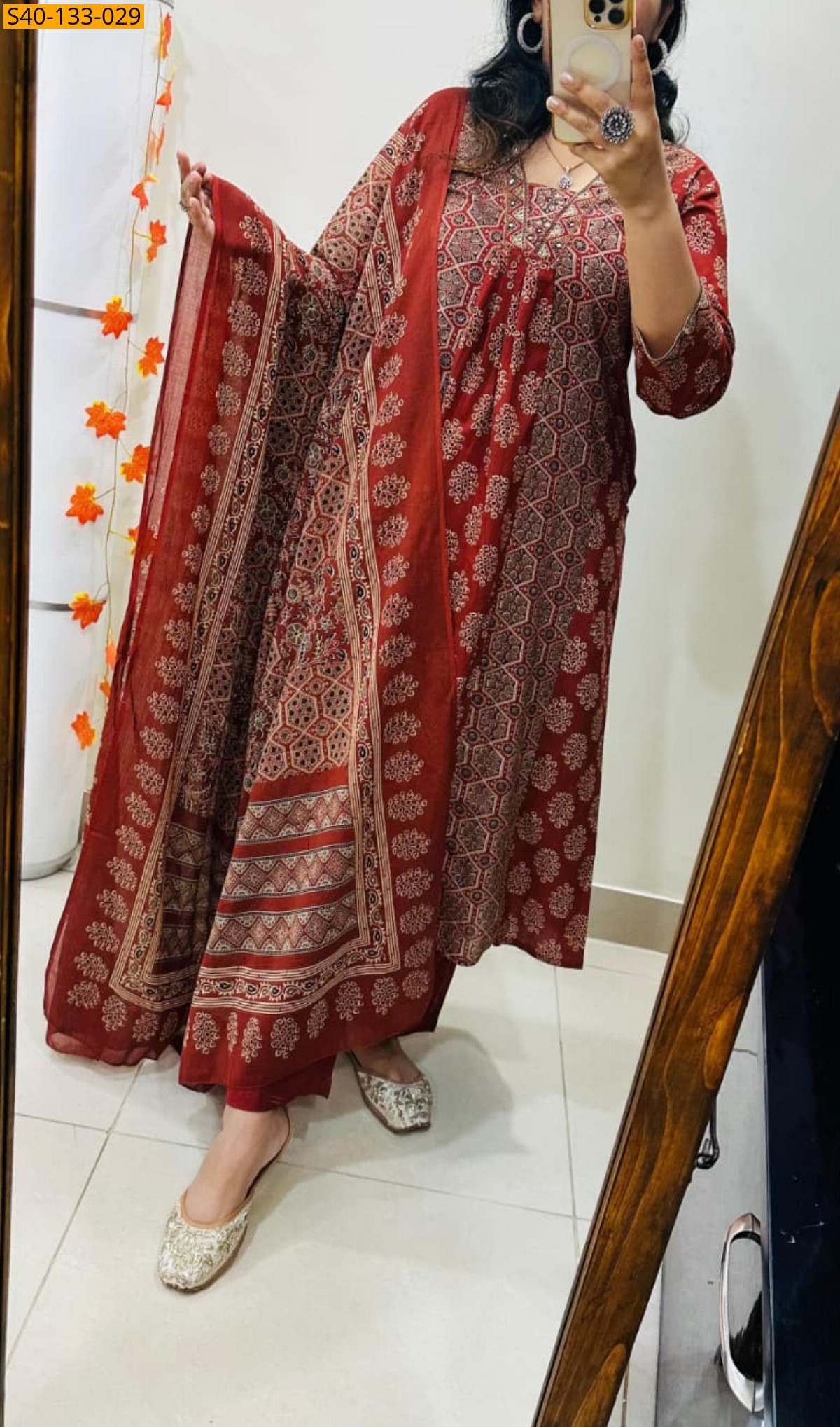 Maroon Fancy Azrakh cotton kurta 3 piece suit set