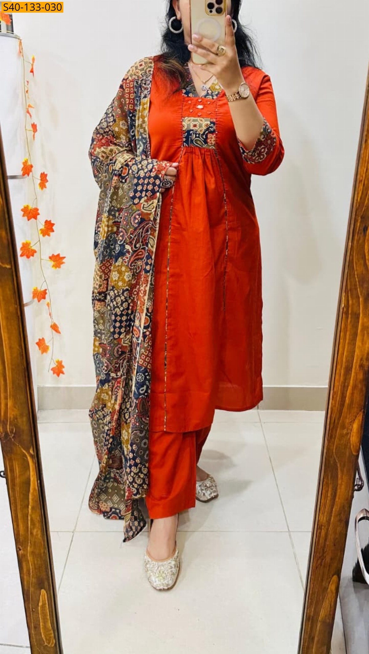 Orange Fancy Azrakh cotton kurta 3 piece suit set