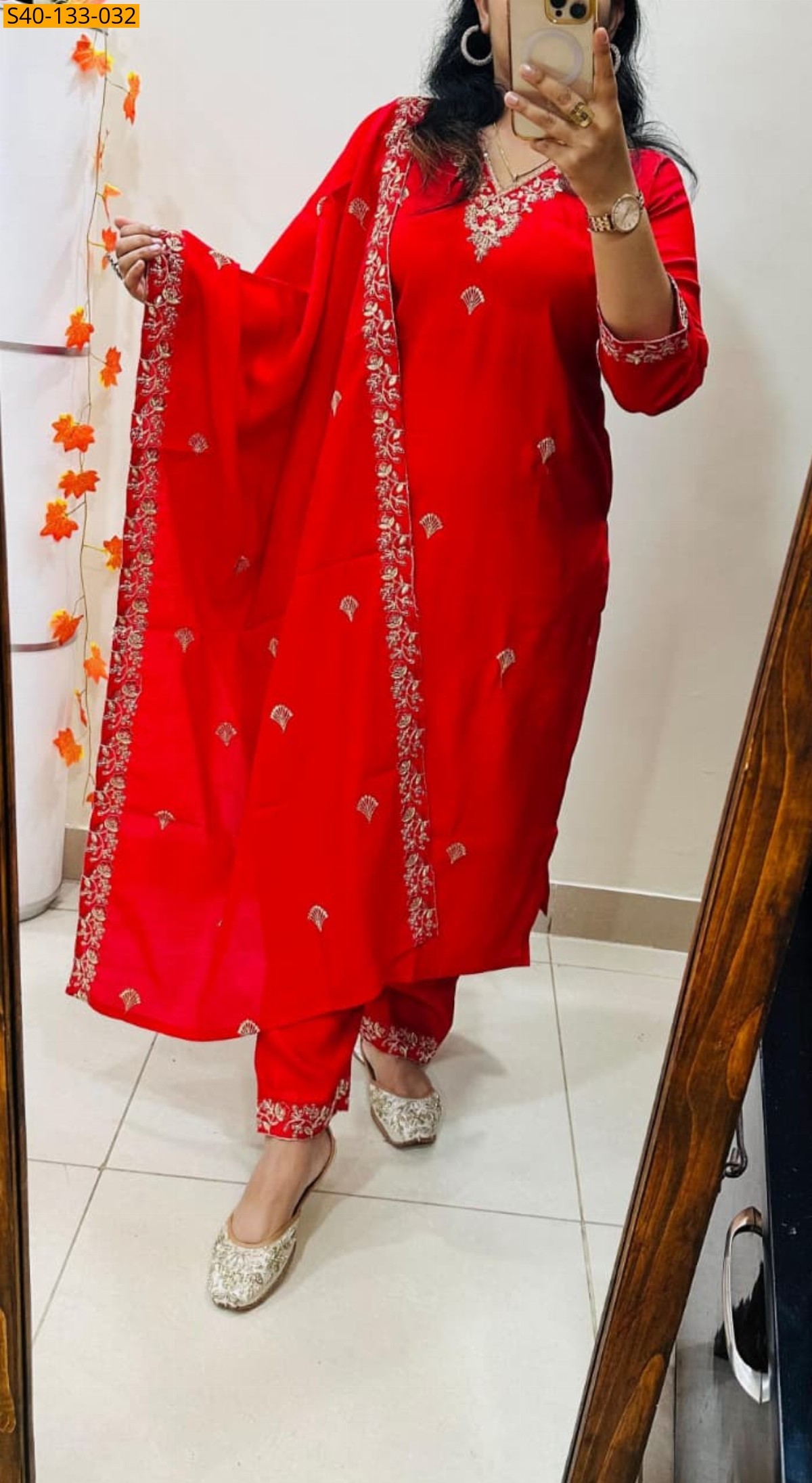 Red Fancy Roman Silk Festive 3 piece suit set
