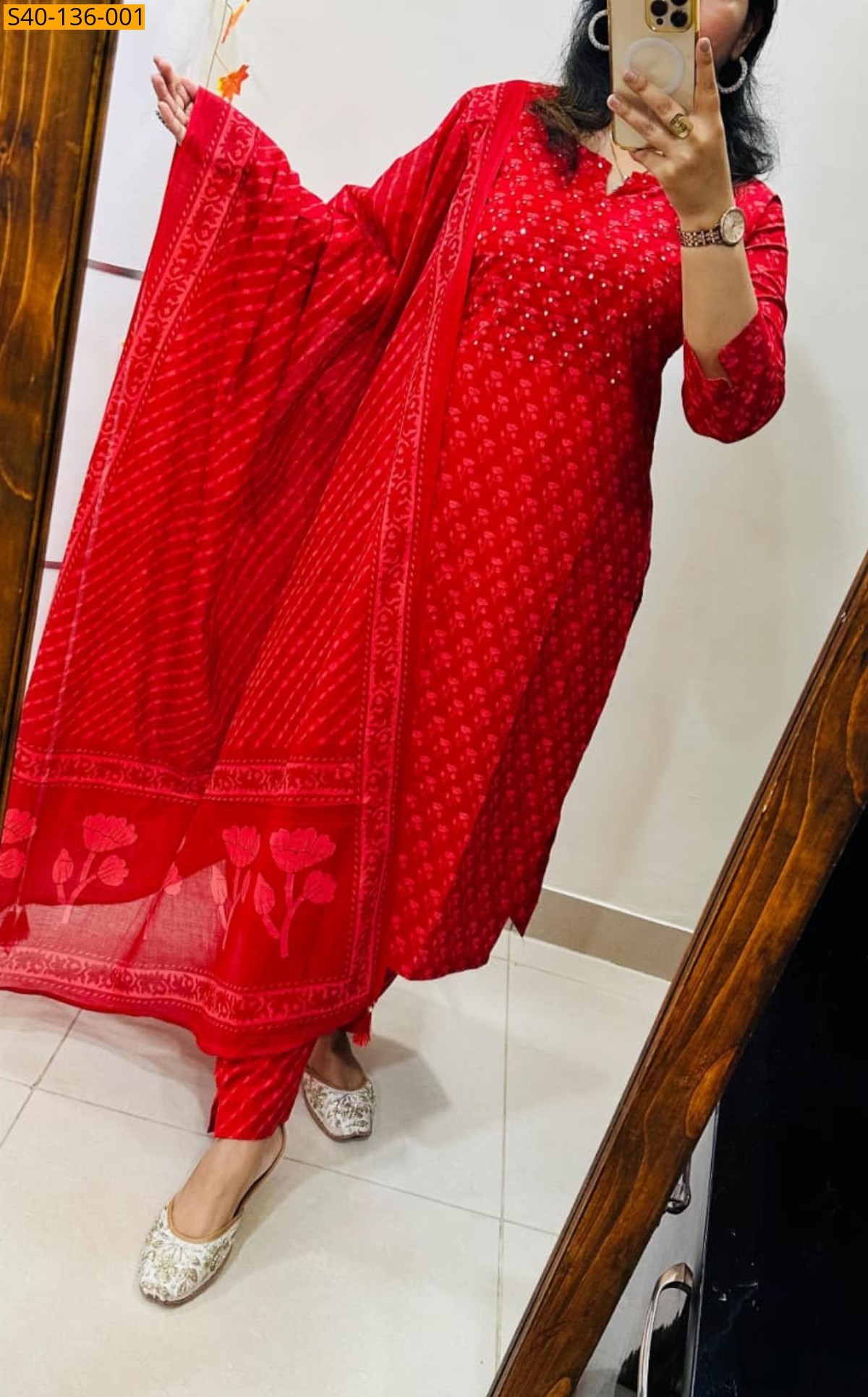 Red Fancy Azrakh cotton kurta set