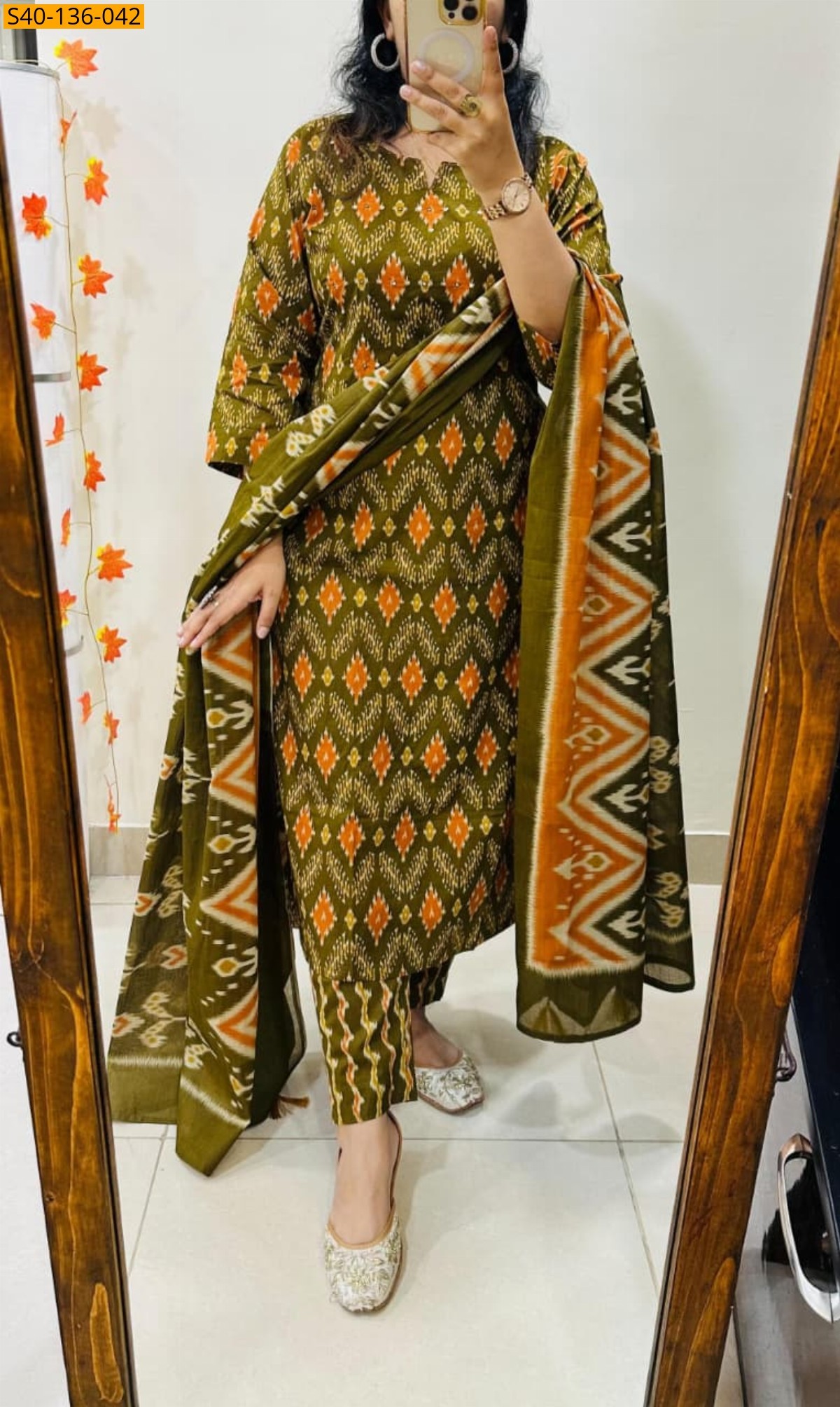 Green Fancy Azrakh cotton kurta 3pcs set