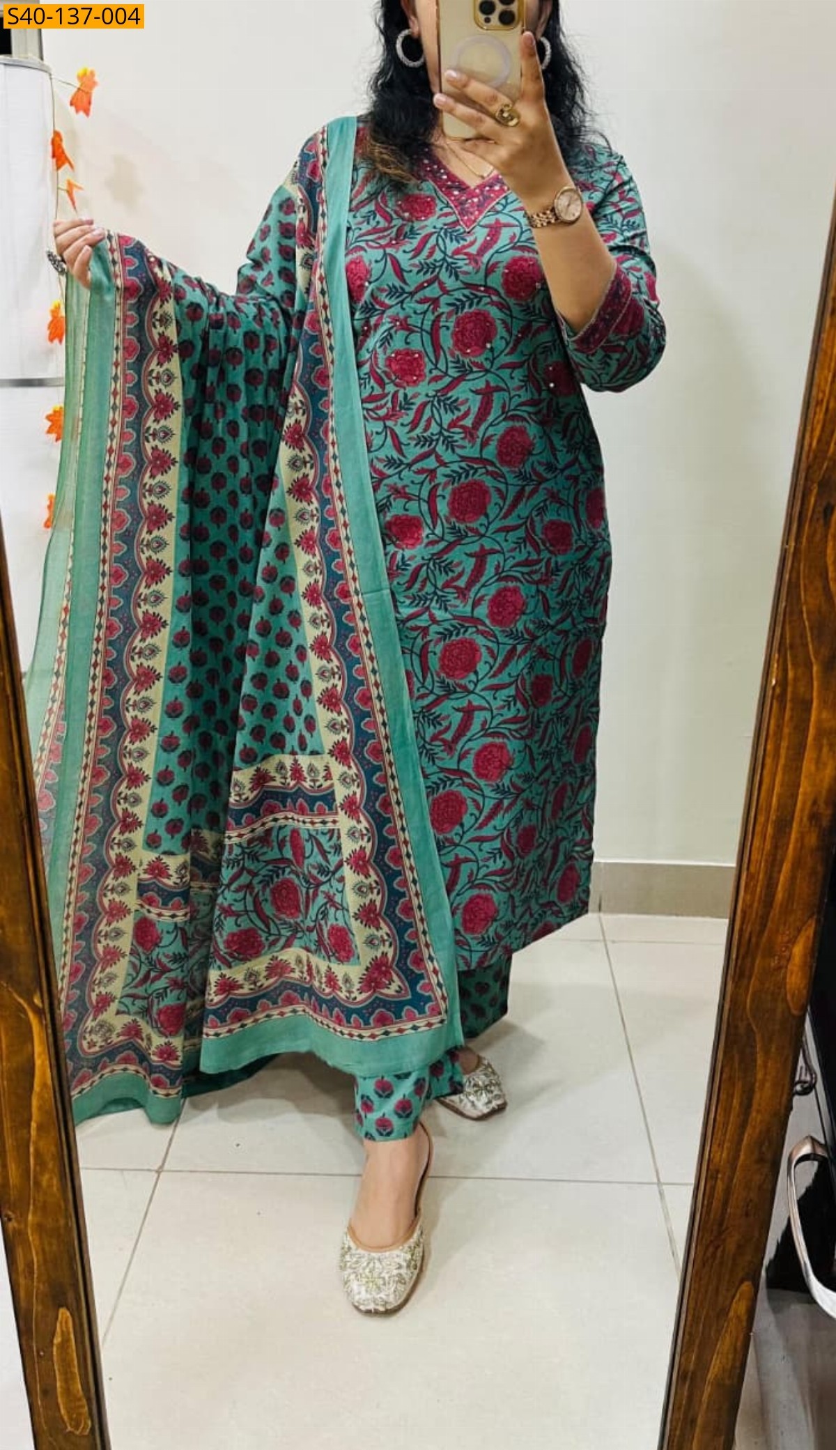 Green Fancy rich 3 pcs cotton suit 