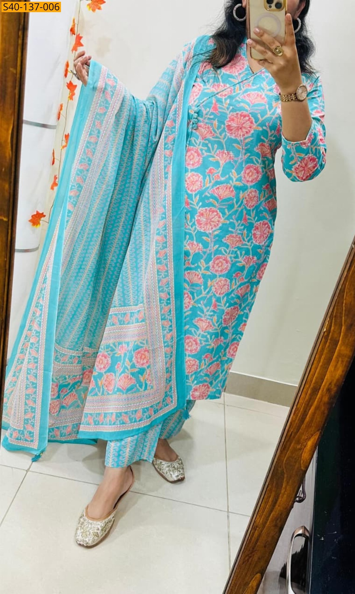 Sky Blue Fancy Azrakh cotton kurta 3 piece suit set