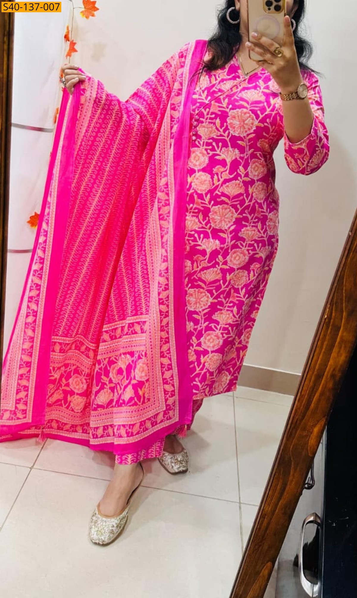 Pink Fancy Azrakh cotton kurta 3 piece suit set