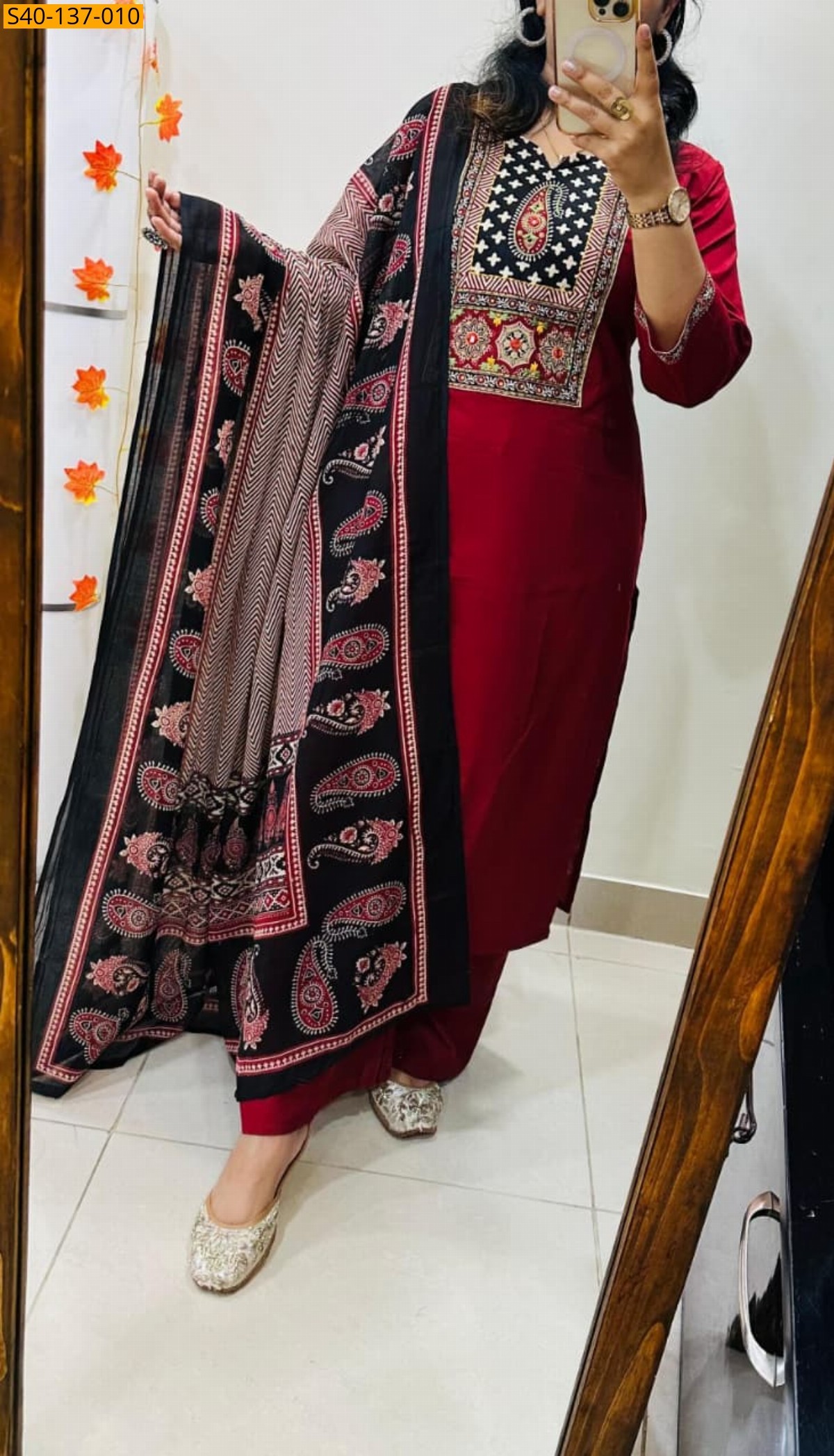 Maroon Fancy Azrakh cotton kurta 3 piece suit set