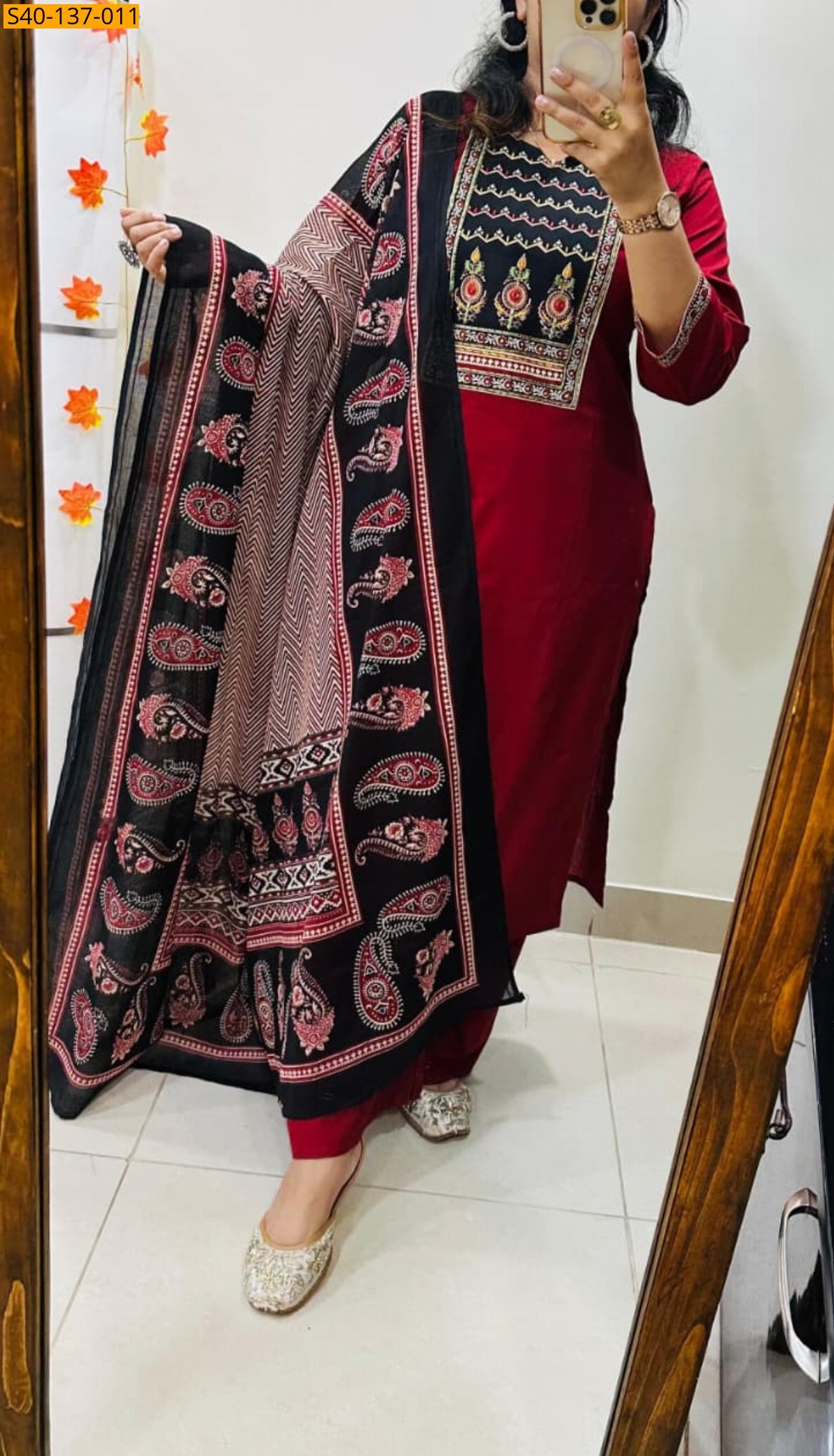 Maroon Fancy Azrakh cotton kurta 3 piece suit set