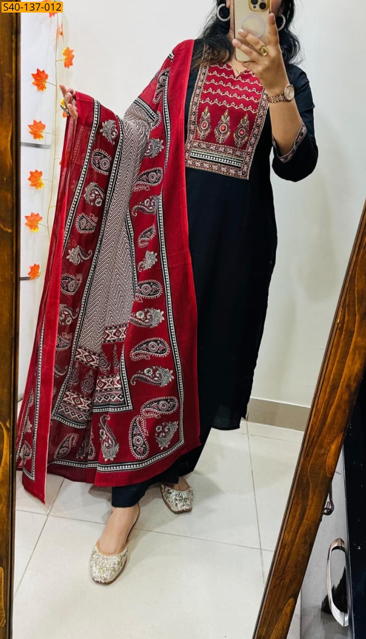 Black Fancy Azrakh cotton kurta 3 piece suit set