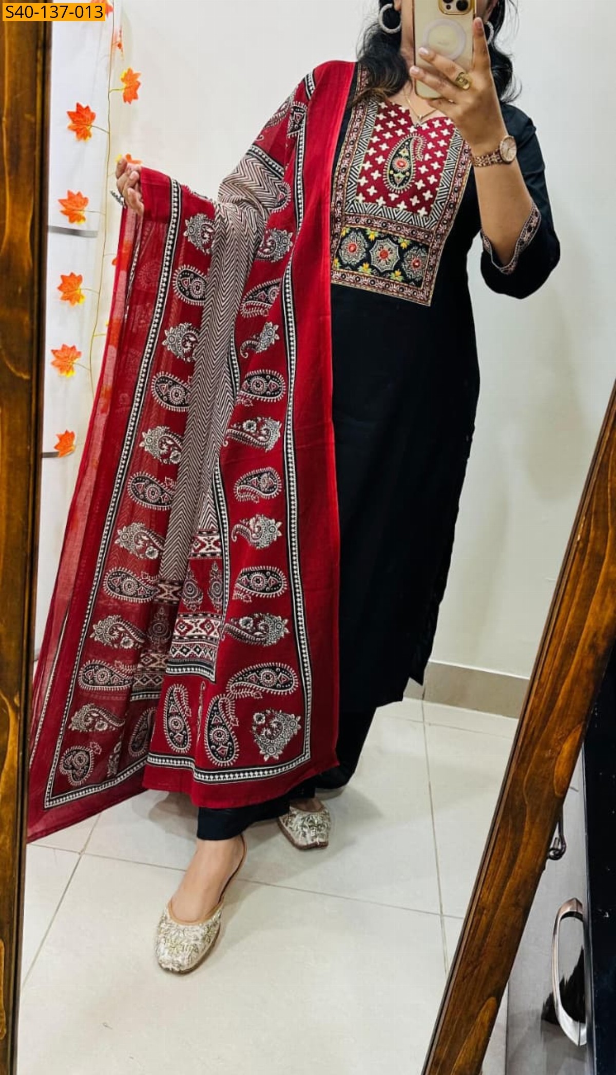 Black Fancy Azrakh cotton kurta 3 piece suit set