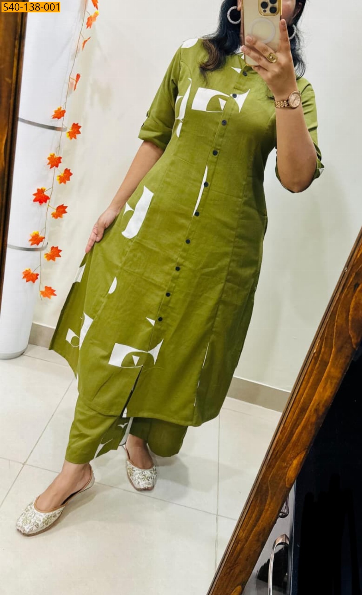 Green Fancy Aline cotton Kurti set