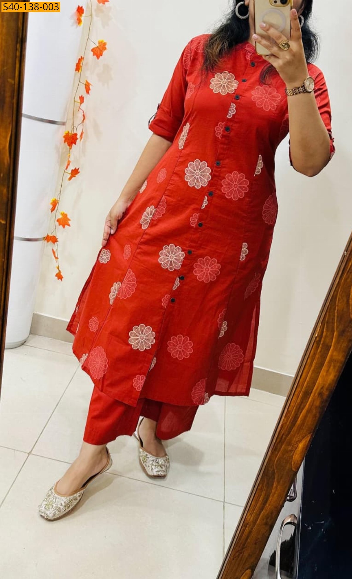 Red Fancy Aline cotton Kurti set