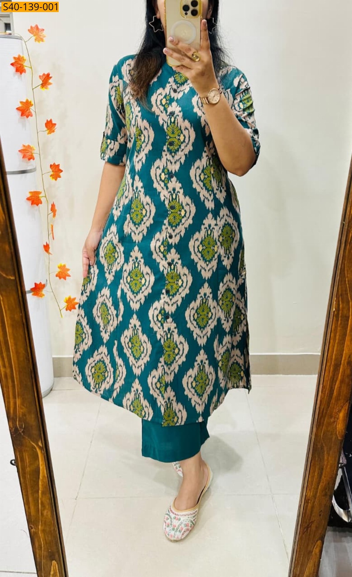 Green Fancy Aline cotton Kurti set