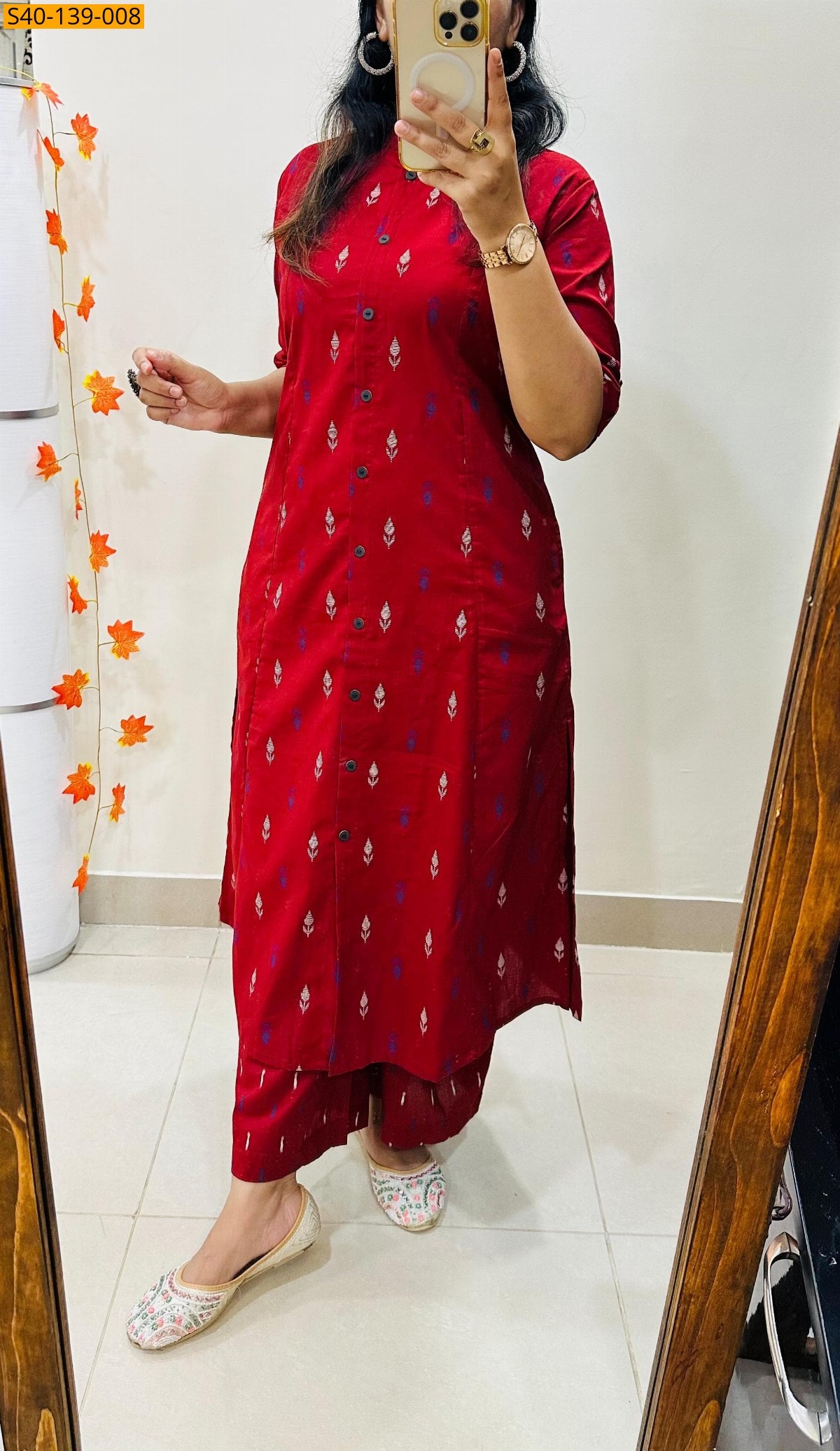 Red Fancy Aline cotton Kurti set