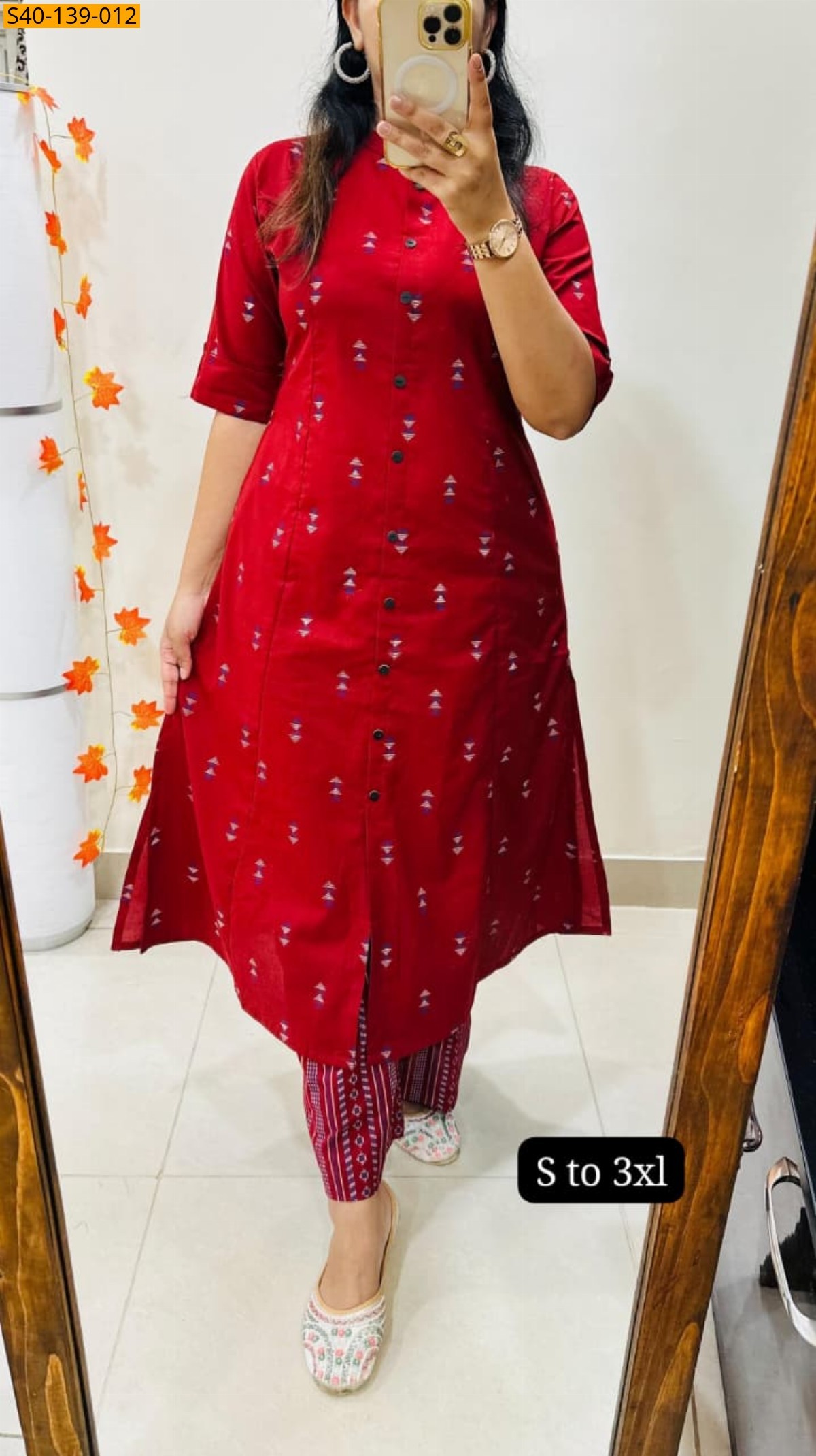 Red Fancy Aline cotton Kurti set